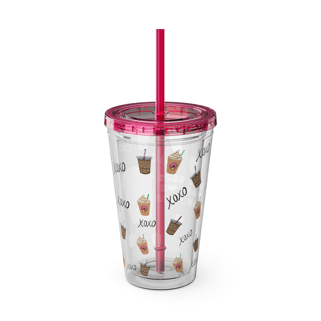 “Cute Cups Make Me Drink More” Clear Acrylic Coffee Tumbler - 16oz with Pink Donut, Caramel Frappe & XOXO Patterns | Aesthetic Iced Coffee Cup for Girly Baddies | Starbucks aesthetic coffee cup