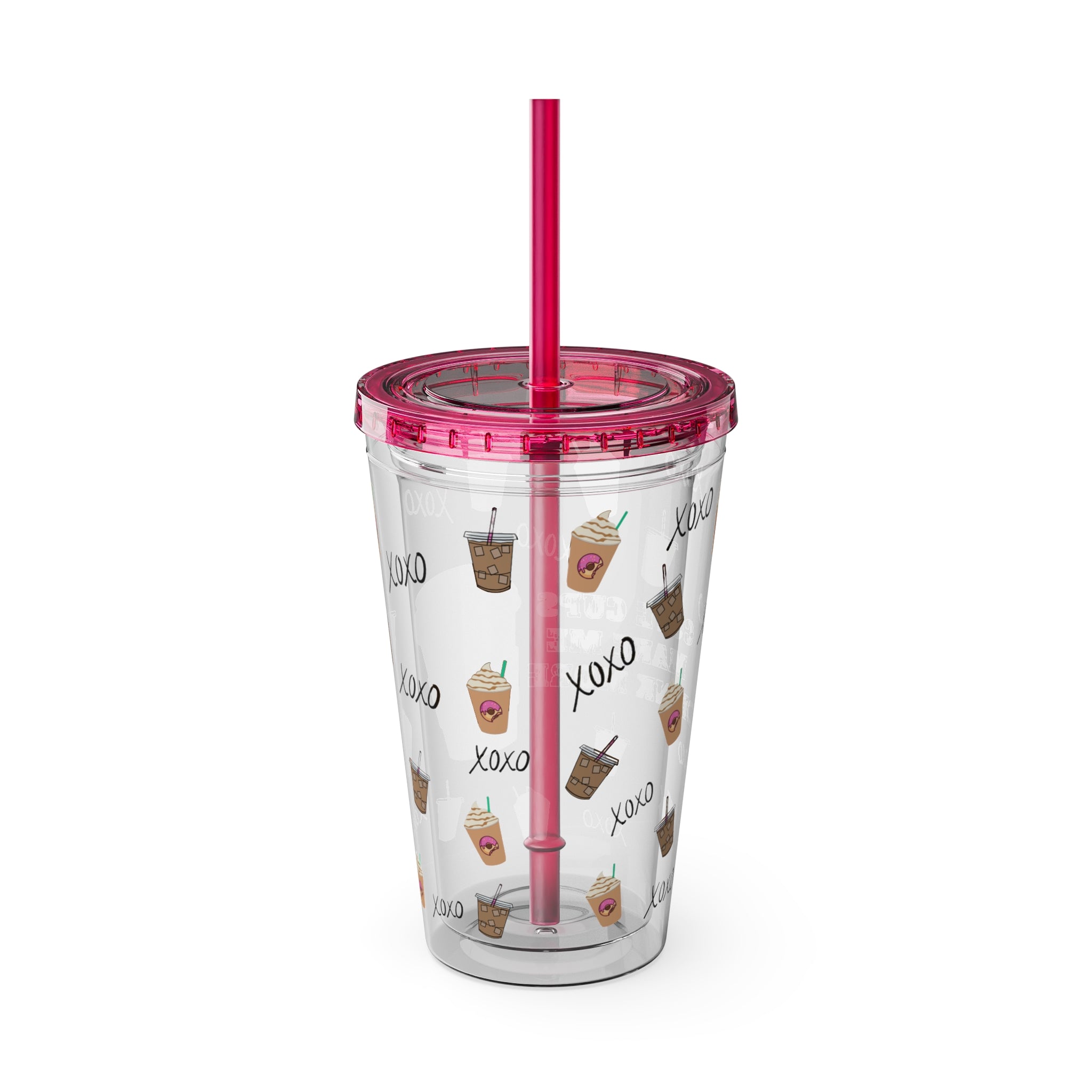 “Cute Cups Make Me Drink More” Clear Acrylic Coffee Tumbler - 16oz with Pink Donut, Caramel Frappe & XOXO Patterns | Aesthetic Iced Coffee Cup for Girly Baddies | Starbucks aesthetic coffee cup