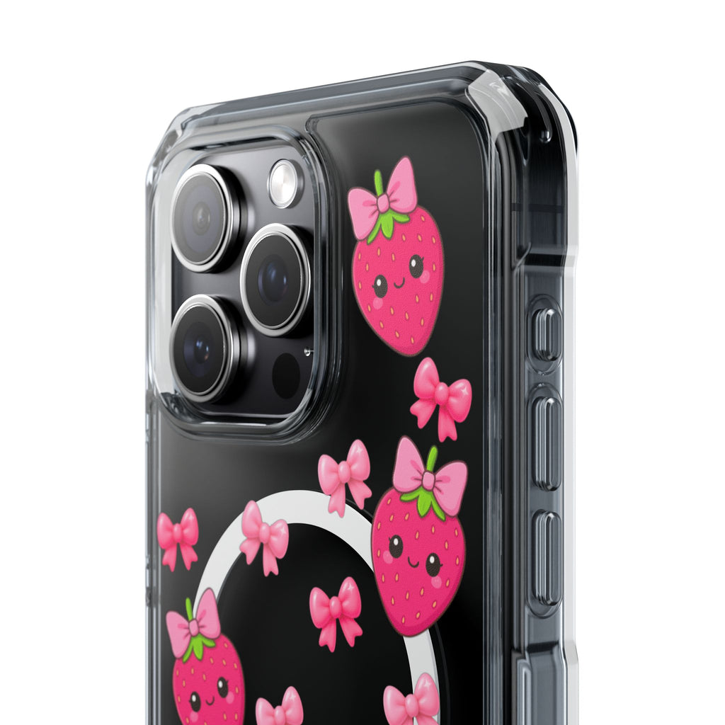 Super cute Hot Pink Strawberry MagSafe Phone Case with girly bows. Luxe clear protection, MagSafe compatible, baddie-approved iPhone case.