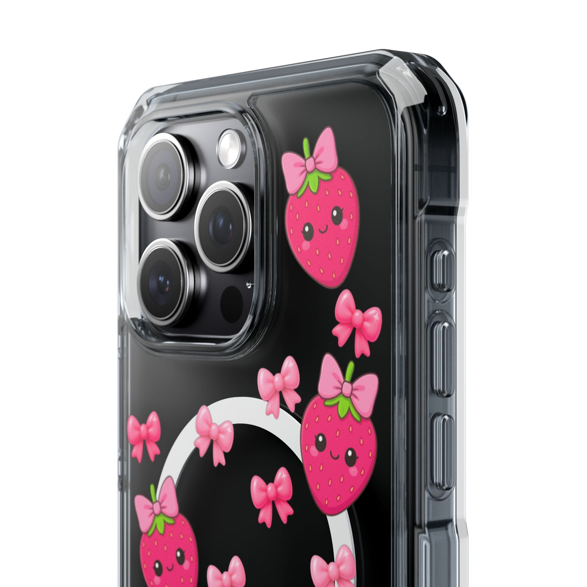 Super cute Hot Pink Strawberry MagSafe Phone Case with girly bows. Luxe clear protection, MagSafe compatible, baddie-approved iPhone case.