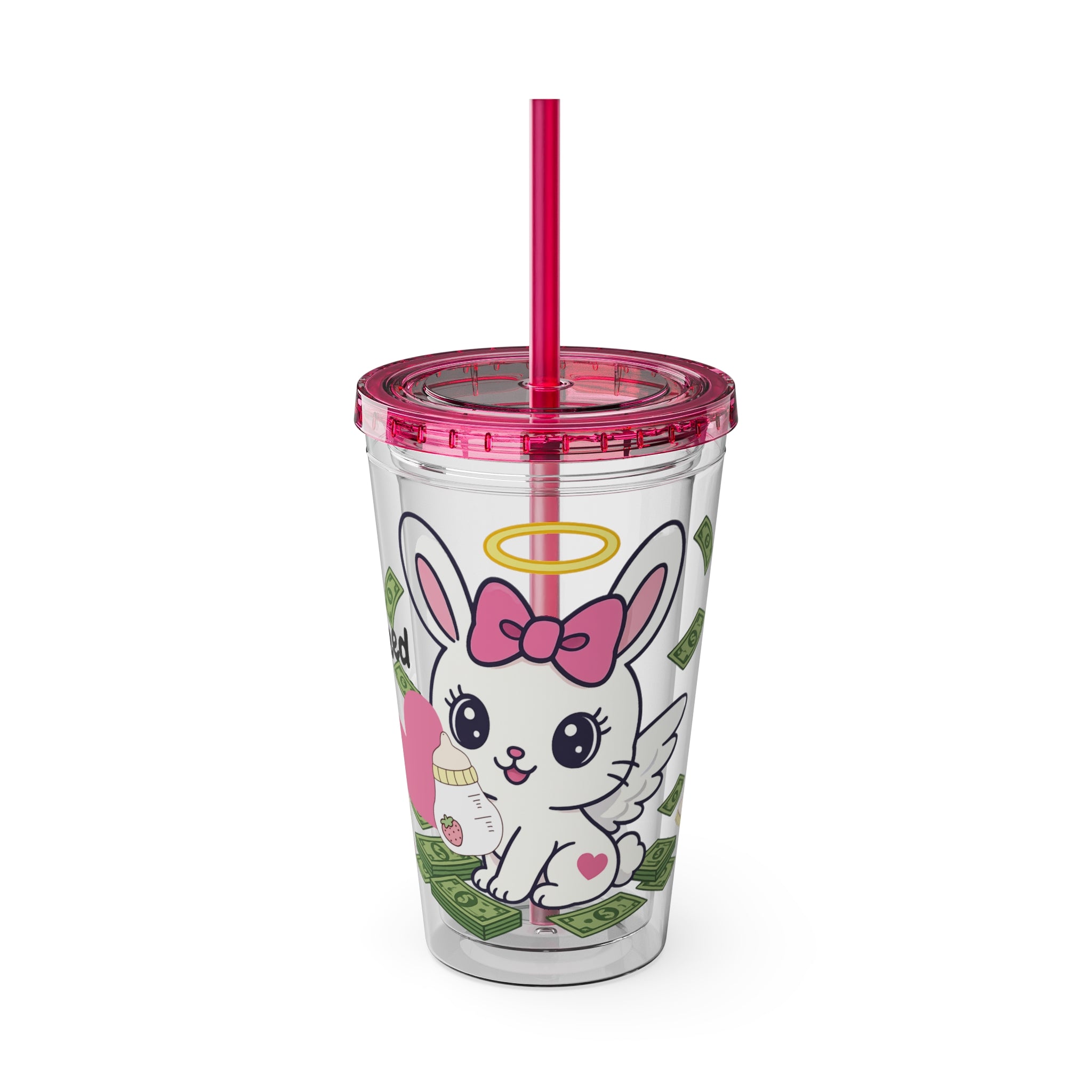 “All I Need” 16oz Acrylic Tumbler - Clear Cup with Pink Angel Bunny, Baby Bottles & Money | Cute Girly Cup for Soft Spoiled Baddies