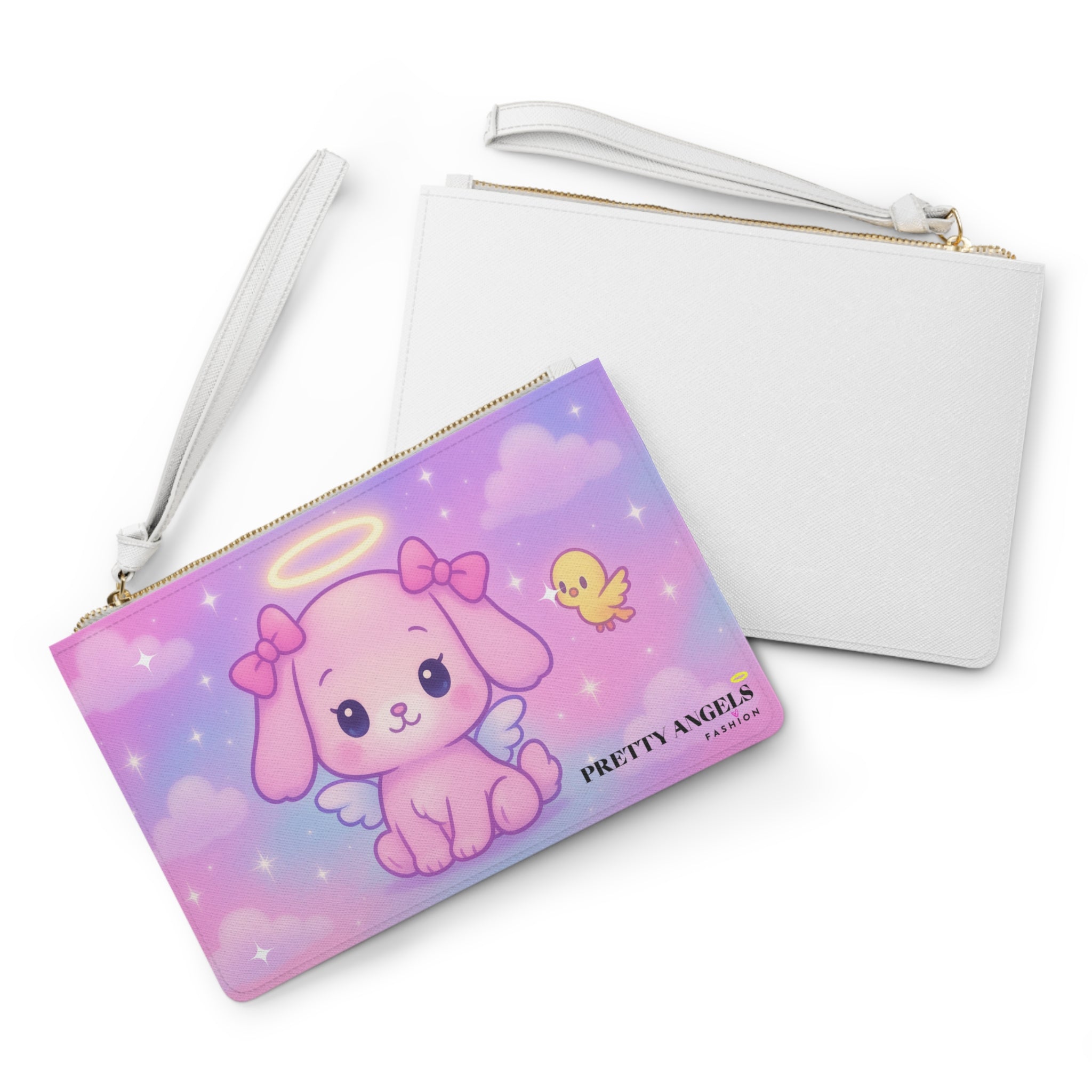 Luxury Pink Angel Puppy Clutch Bag - Cute Polyurethane Leather Purse with Gold Zipper, Magical Puppy Design with Pink Bows