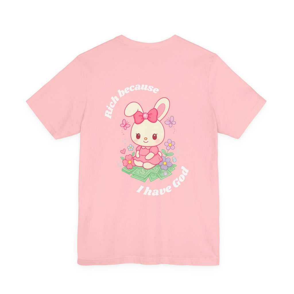 “Rich Because I Have God” Oversized (Back) Bunny Graphic Tee – Luxury Baggy T-Shirt (Black, Heather Mint, Turquoise, Pink)