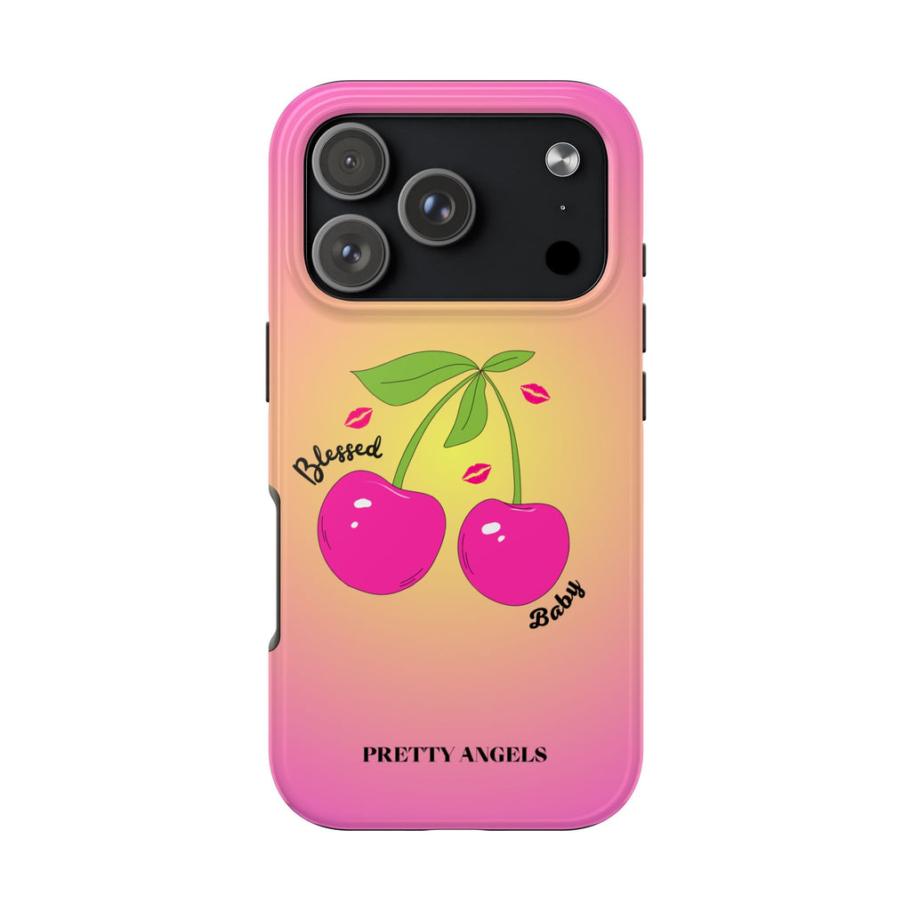 Blessed Baby Sunset Cherry Phone Case — Cute Hot Pink Cherry & Kisses
