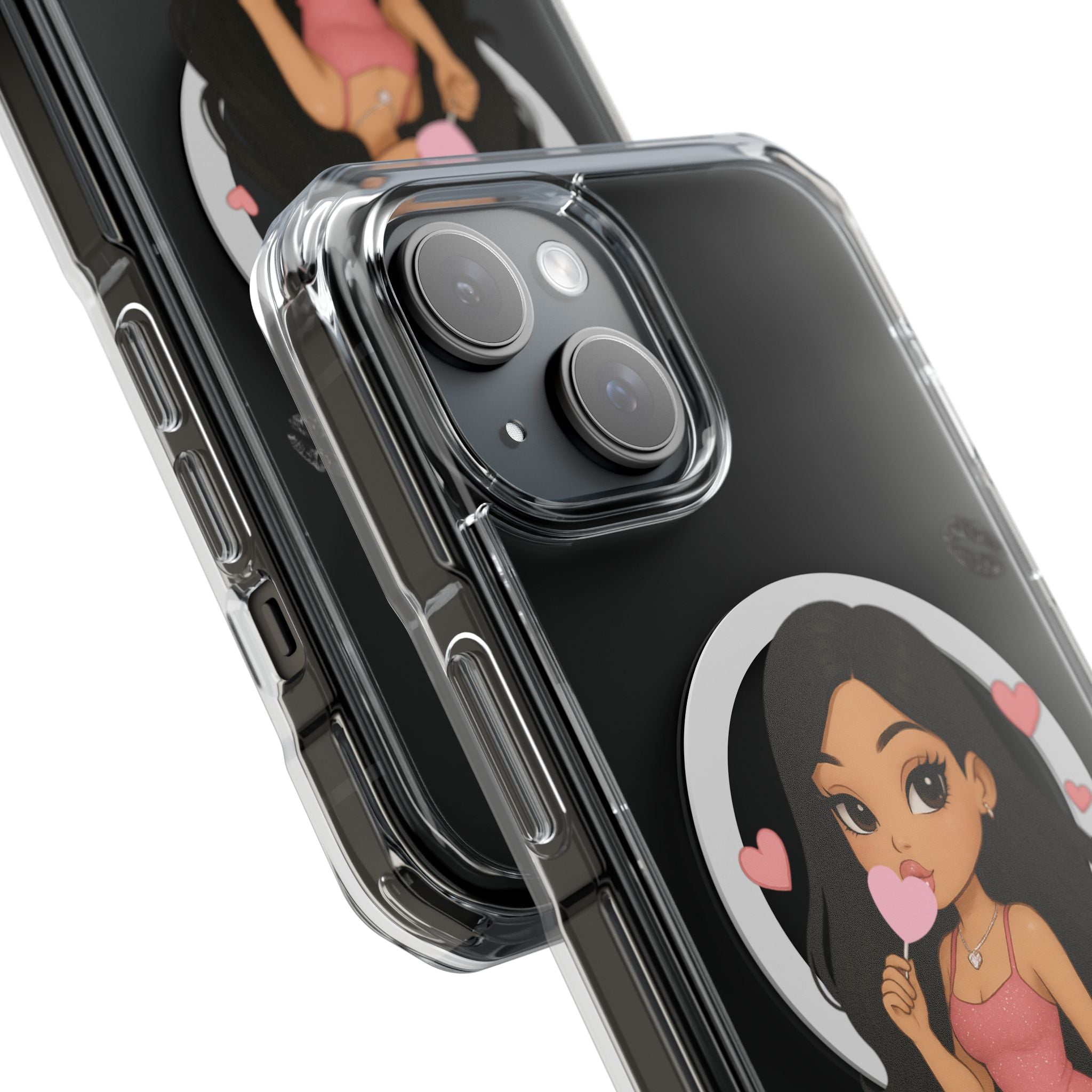“Luxury Clear MagSafe iPhone Case – Bratz-Inspired Doll on Cloud with Pink Heart Lollipop | Elegant Air-Cushion Protection for Pretty Girls”