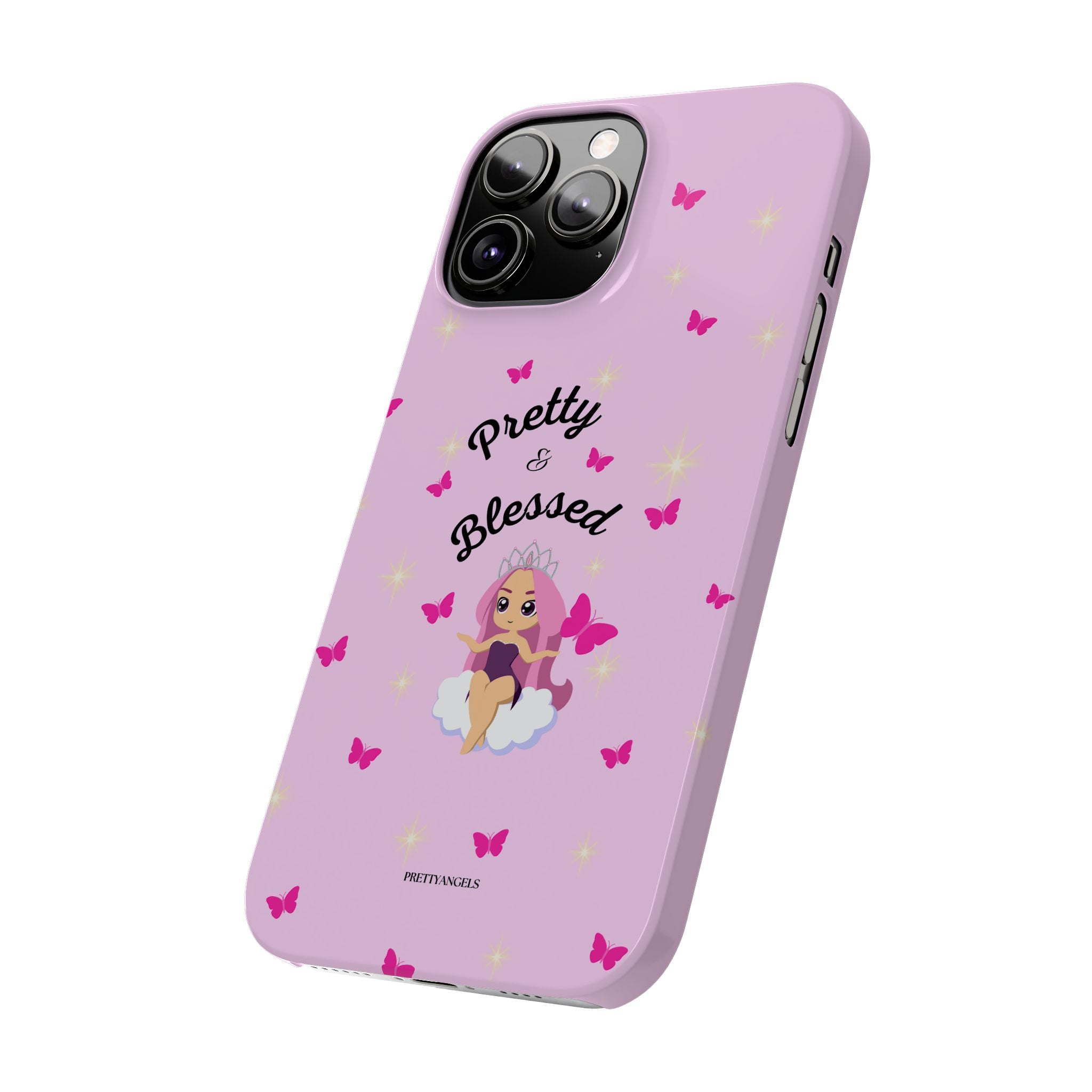 “Pretty & Blessed Light Pink Phone Case - Slim Cute Protective Cover with Lisa Frank-Inspired Kawaii Doll, Hot Pink Butterflies & Cloud Aesthetic”
