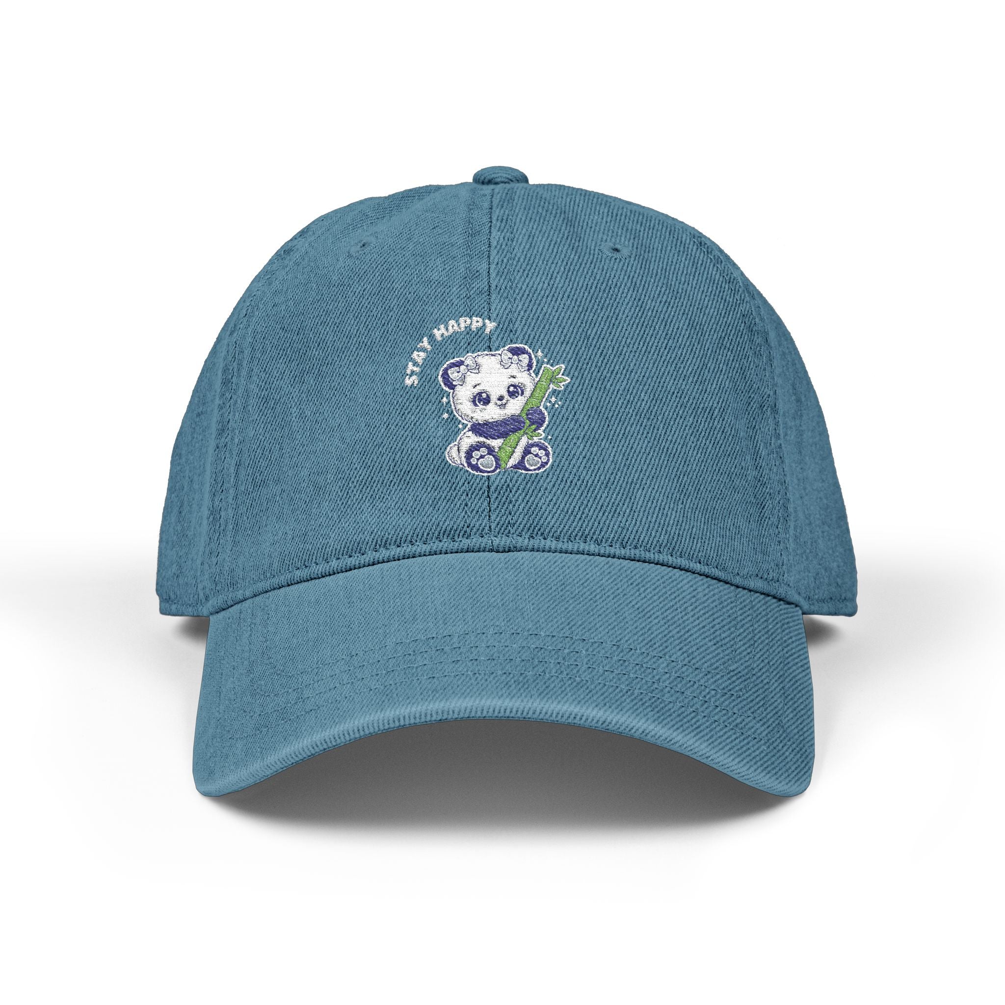 Embroidered 'Stay Happy' Teddy Denim Hat — Cute Casual Baseball Cap