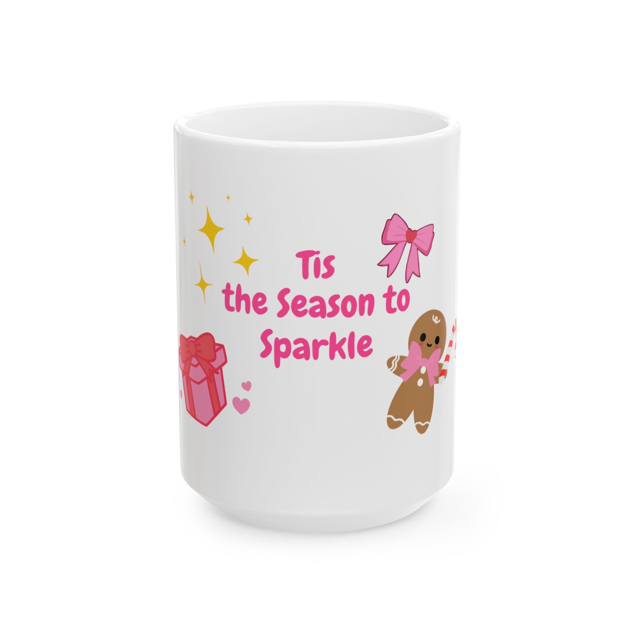 ‘Tis the Season to Sparkle™ Mug – Cute Girly Christmas Mug with Pink Present, Gingerbread, Candy Cane & Sparkles – Rich Girl Holiday Coffee Cup