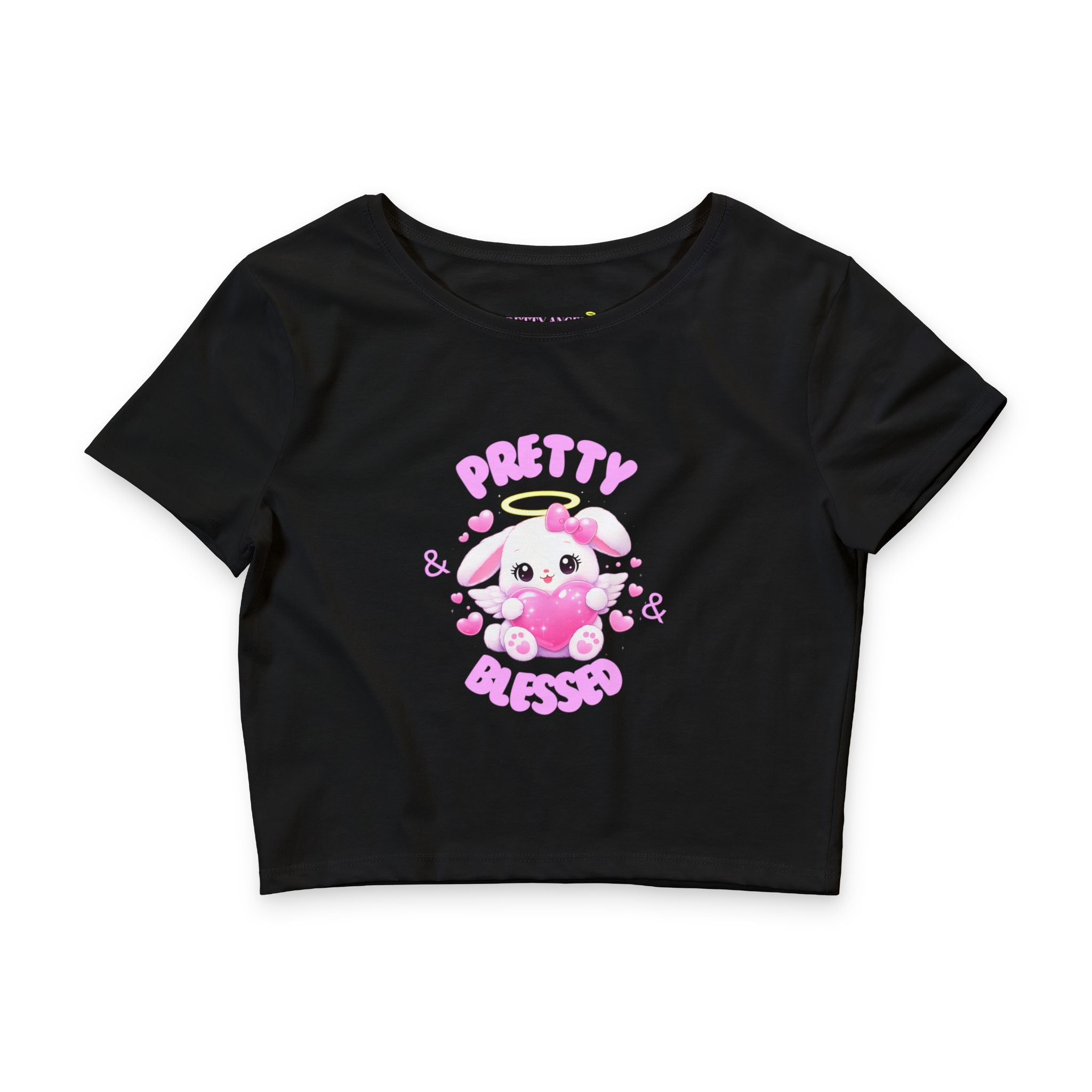 Pretty & Blessed Baby Bunny Angel Crop Tee — Cute Pink Heart Graphic