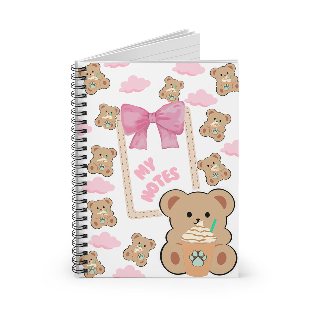 “Teddy Bear Frappe Spiral Notebook – Cute White Aesthetic Journal with Pink Clouds & Bow | Girly Stationery”