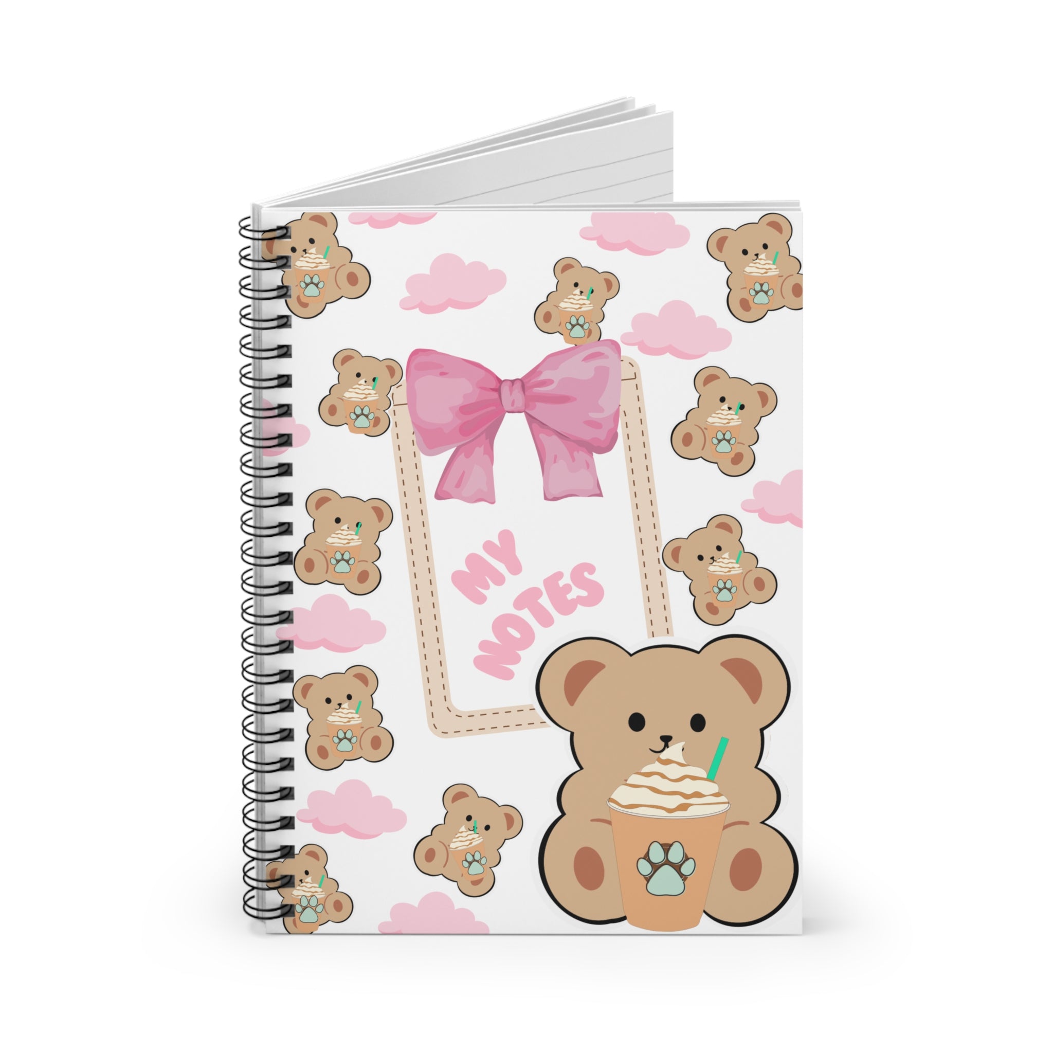 “Teddy Bear Frappe Spiral Notebook – Cute White Aesthetic Journal with Pink Clouds & Bow | Girly Stationery”