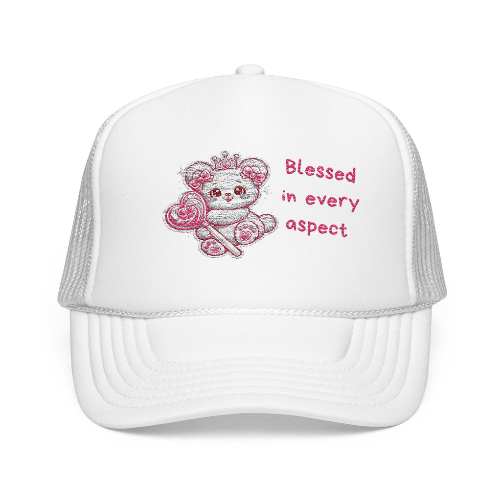 Pink Crowned Teddy Bear Trucker Hat — "Blessed in Every Aspect" Embroidered