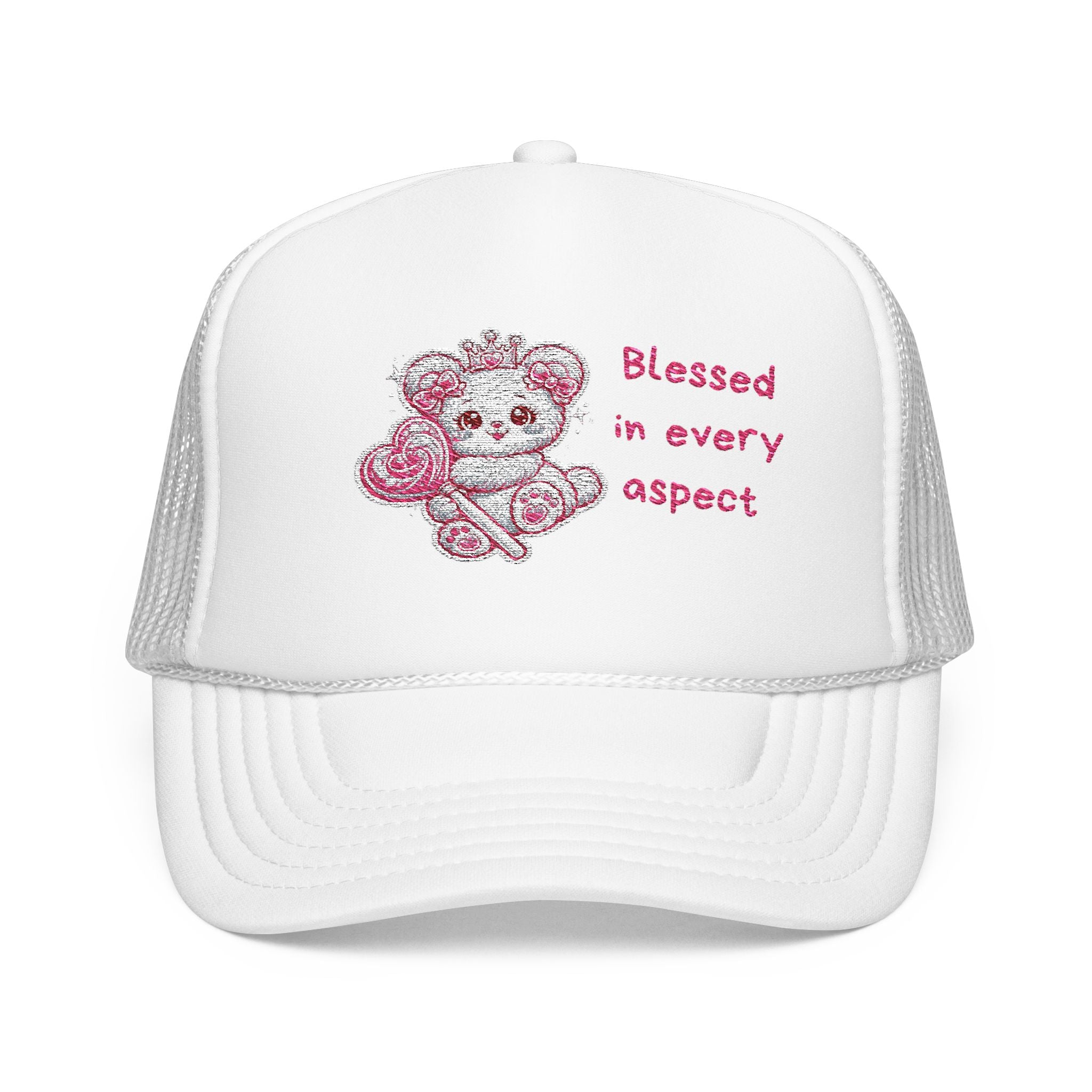 Pink Crowned Teddy Bear Trucker Hat — "Blessed in Every Aspect" Embroidered