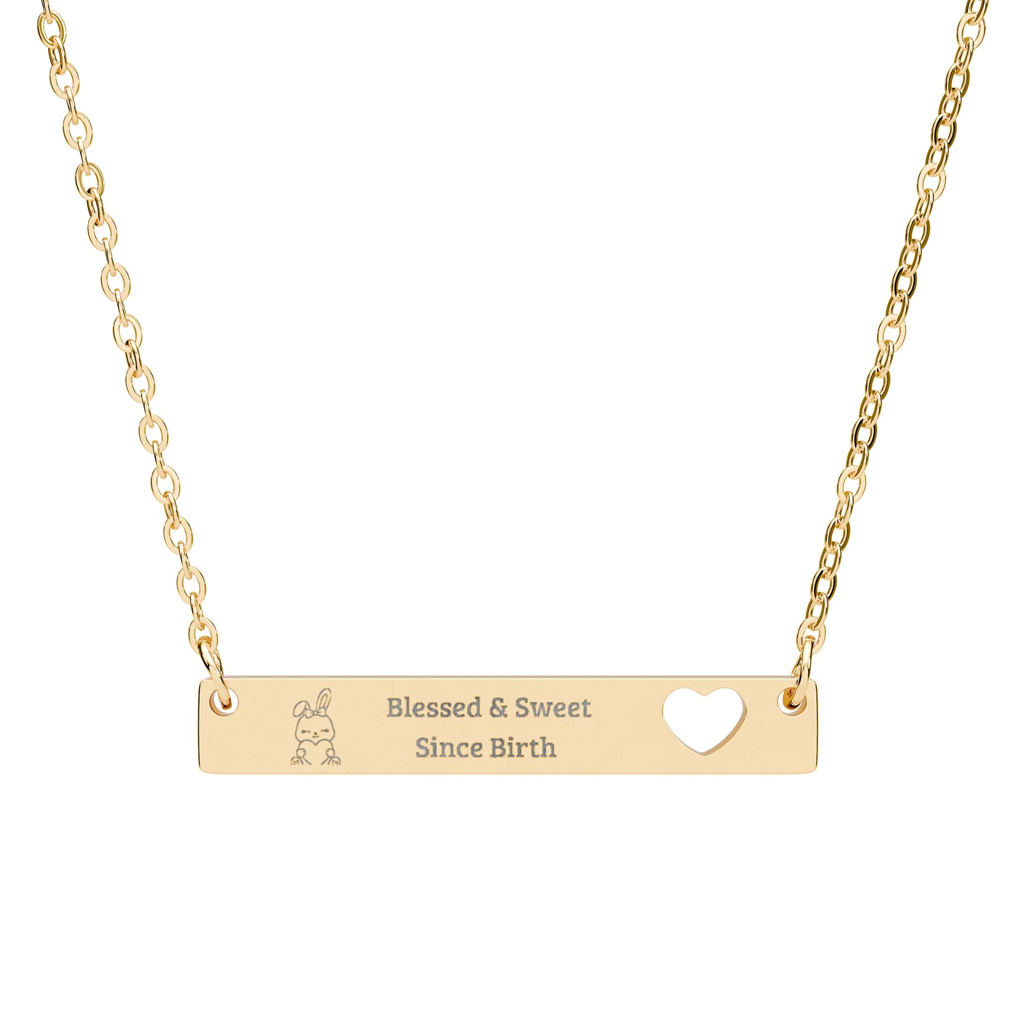 Blessed & Sweet Since Birth™ Engraved Bar Necklace – Baby Bunny Hugging Heart Pendant, Minimalist Cutout Heart Collarbone Necklace (316L Stainless Steel)