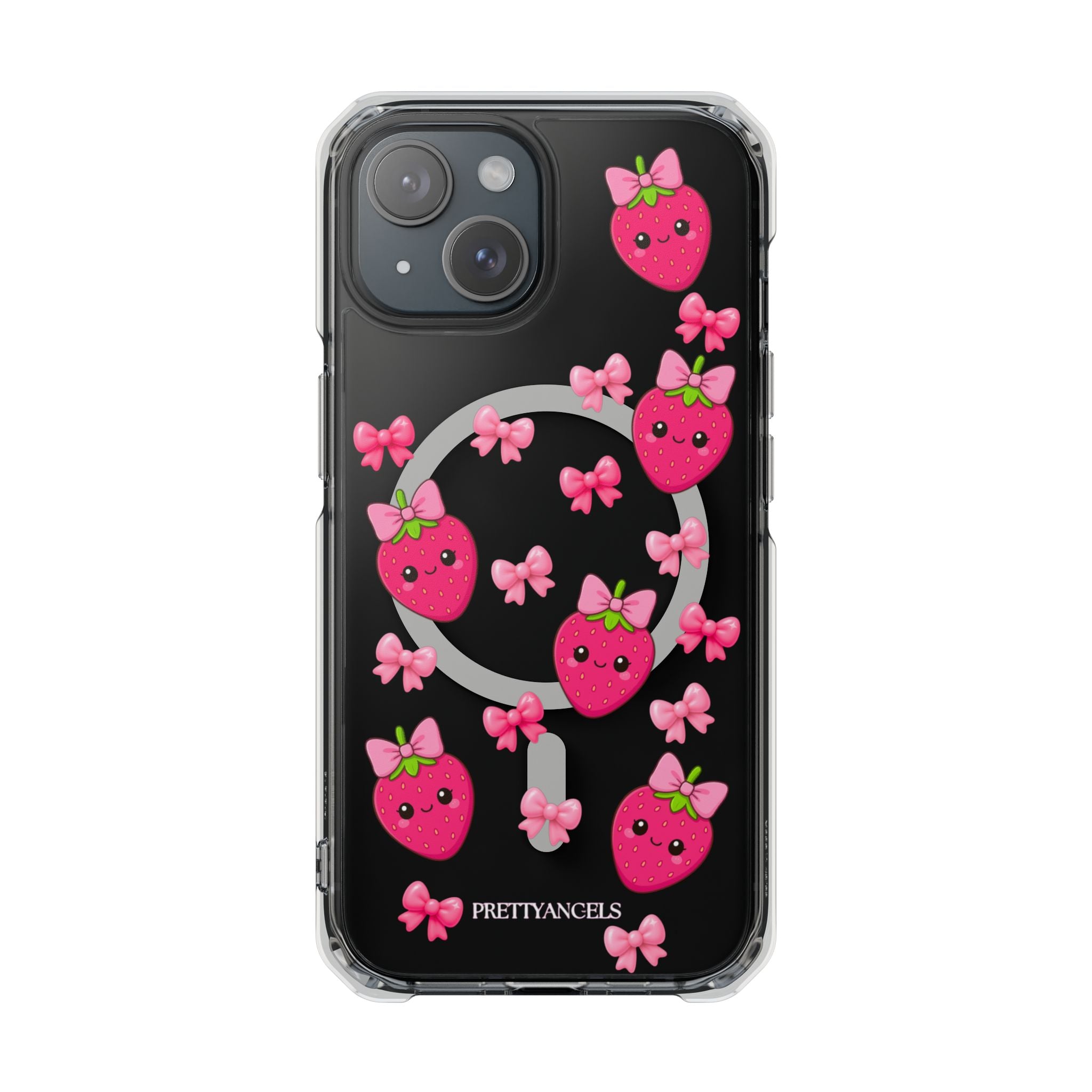 Super cute Hot Pink Strawberry MagSafe Phone Case with girly bows. Luxe clear protection, MagSafe compatible, baddie-approved iPhone case.
