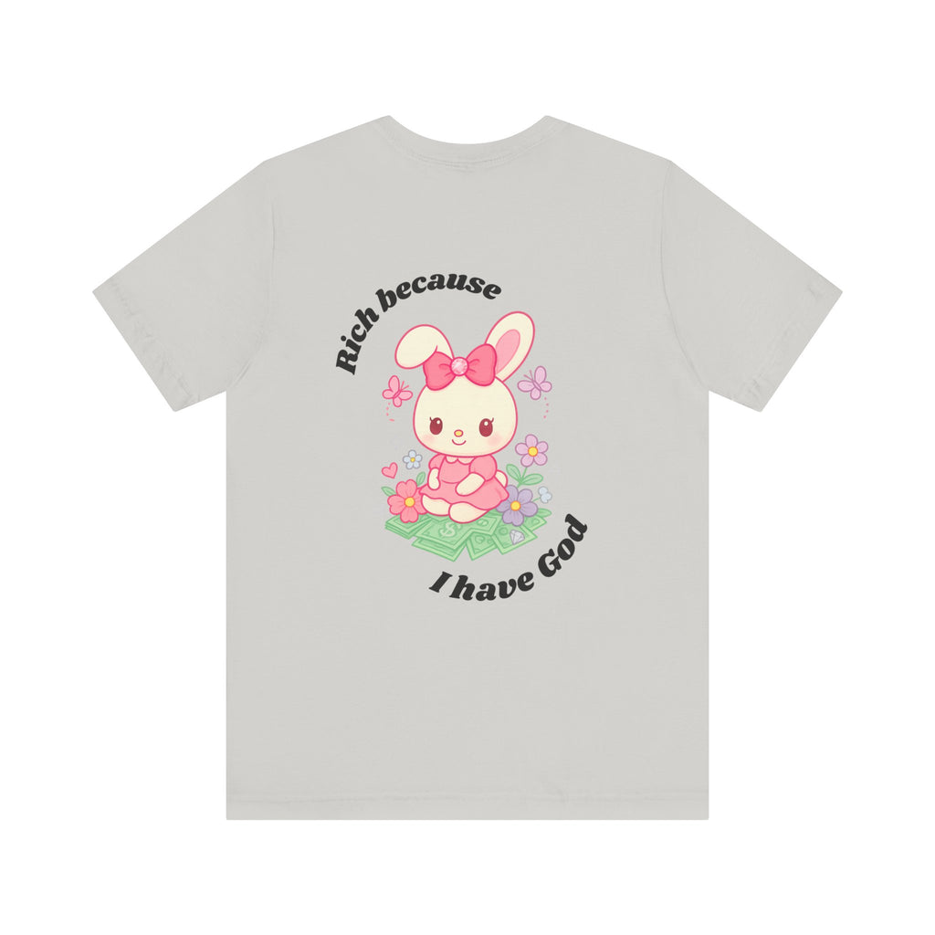 “Rich Because I Have God” Baggy (Back) Aesthetic Tee – Cute Bunny Graphic T-Shirt (White, Ash, Silver, Baby Blue)