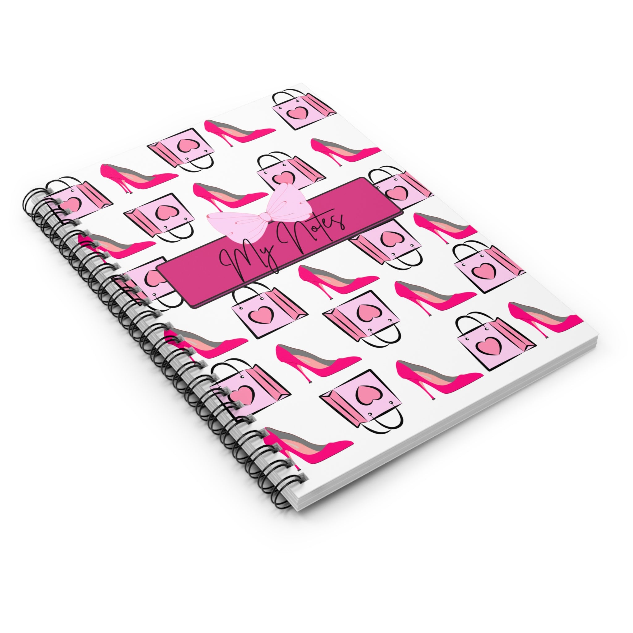 “Barbie Girl Spiral Notebook – Pink Heels & Shopping Bag Pattern with Bow | Luxury Spoiled Rich Girl Stationery”