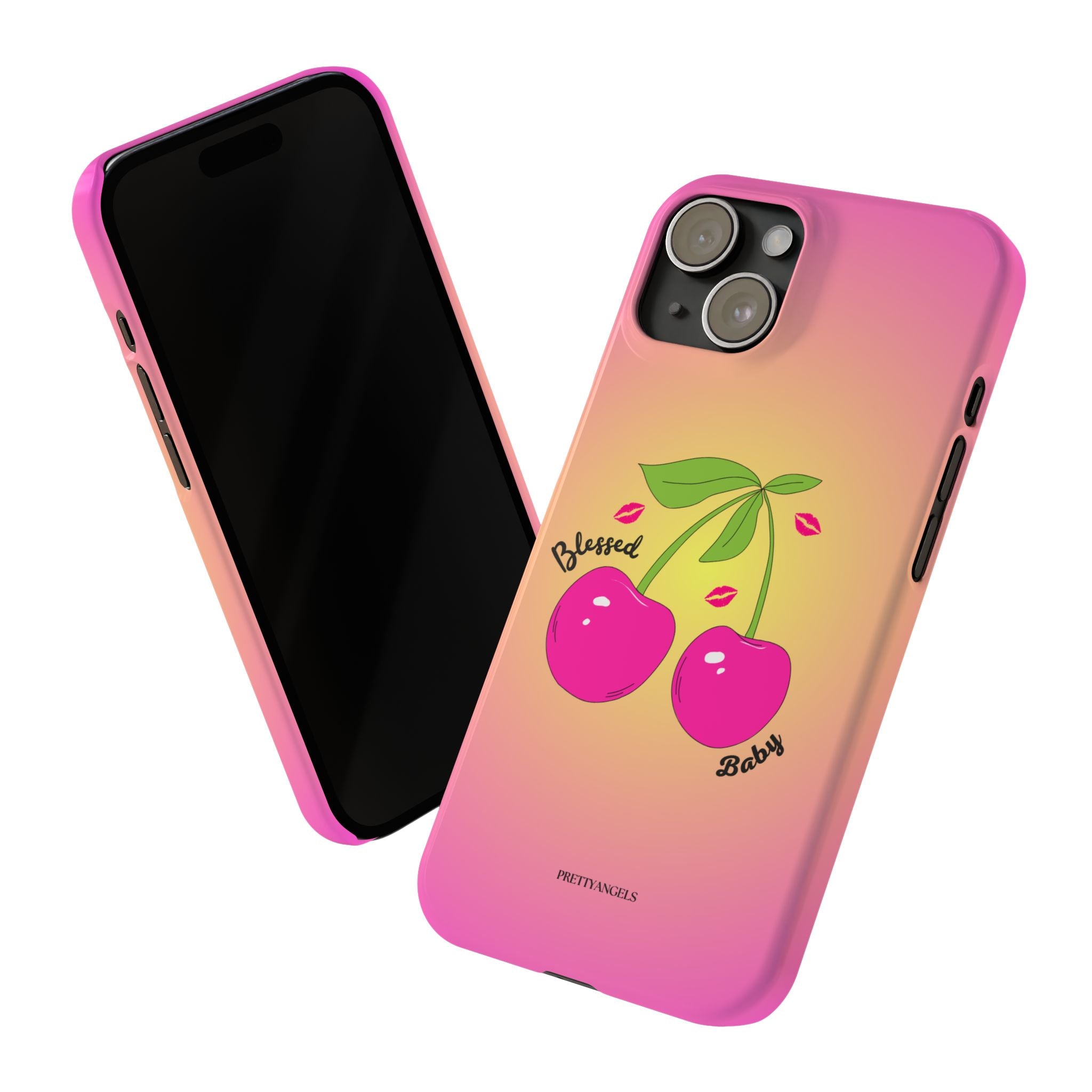 “Blessed Baby Pink & Yellow Ombré Phone Case - Slim Barbie Aesthetic Cover with Hot Pink Cherries and Kisses”
