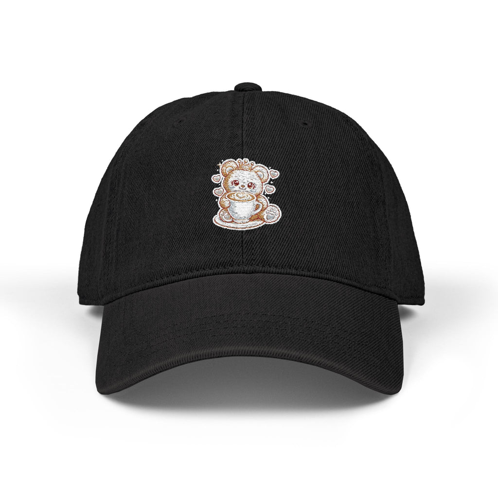 Brown Teddy Bear Crown Denim Hat — Embroidered Coffee Cup Design
