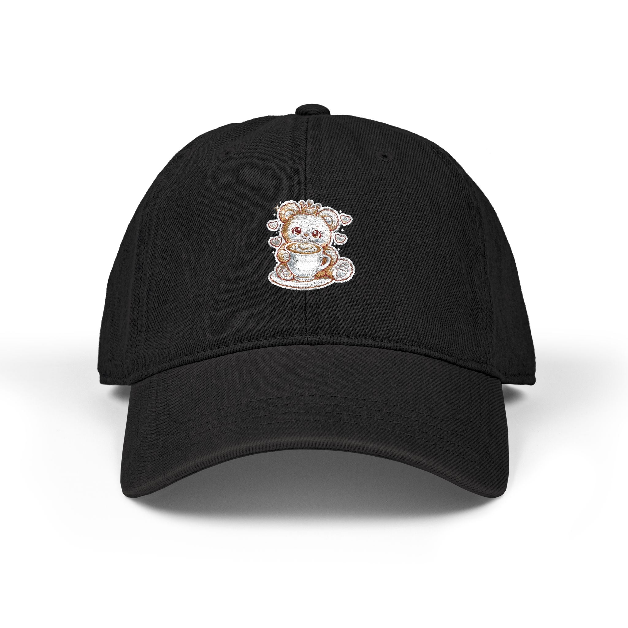 Brown Teddy Bear Crown Denim Hat — Embroidered Coffee Cup Design