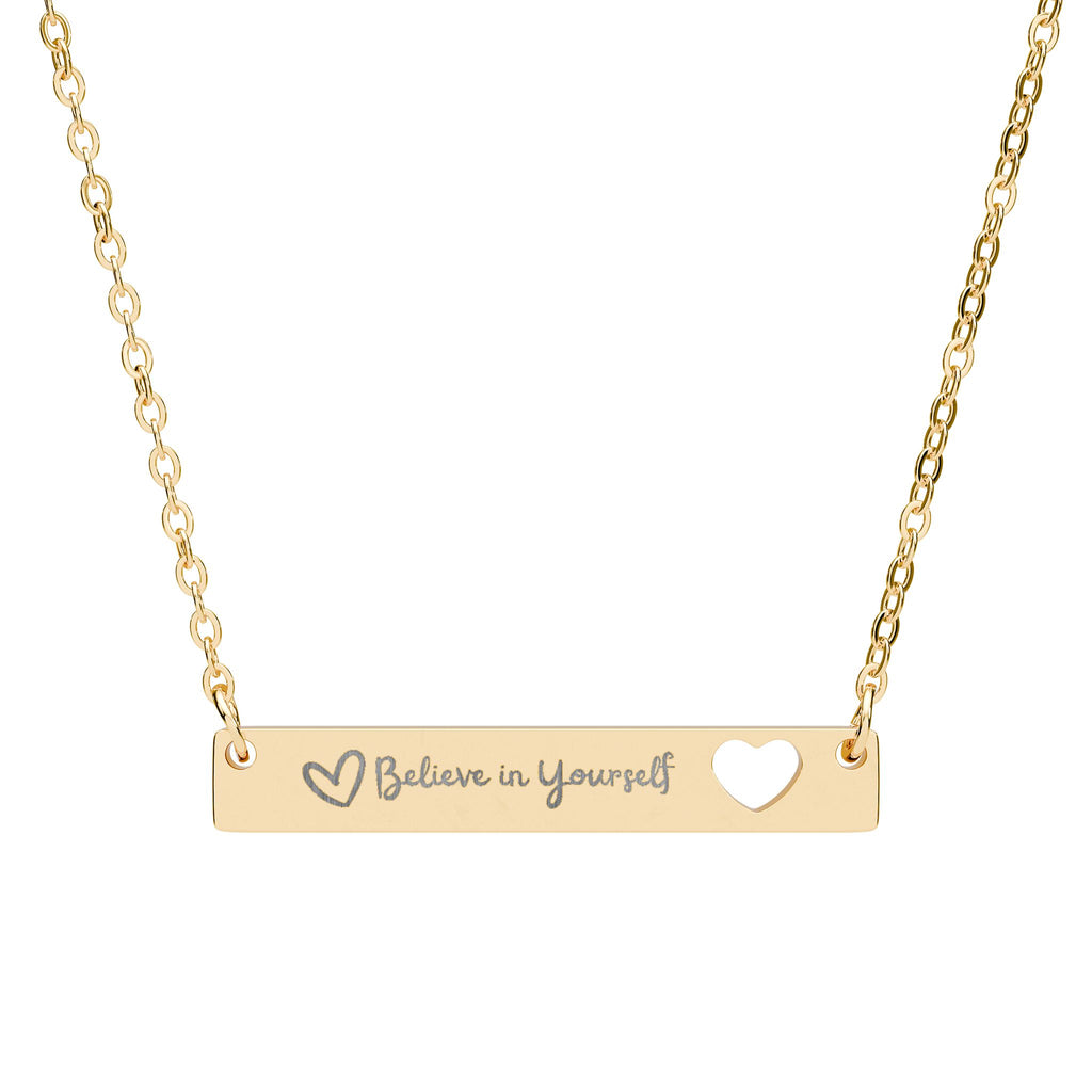 Believe In Yourself™ Engraved Bar Necklace – Handwriting Script Bar Pendant with Heart Cutout (316L Stainless Steel, Minimalist Aesthetic Jewelry)