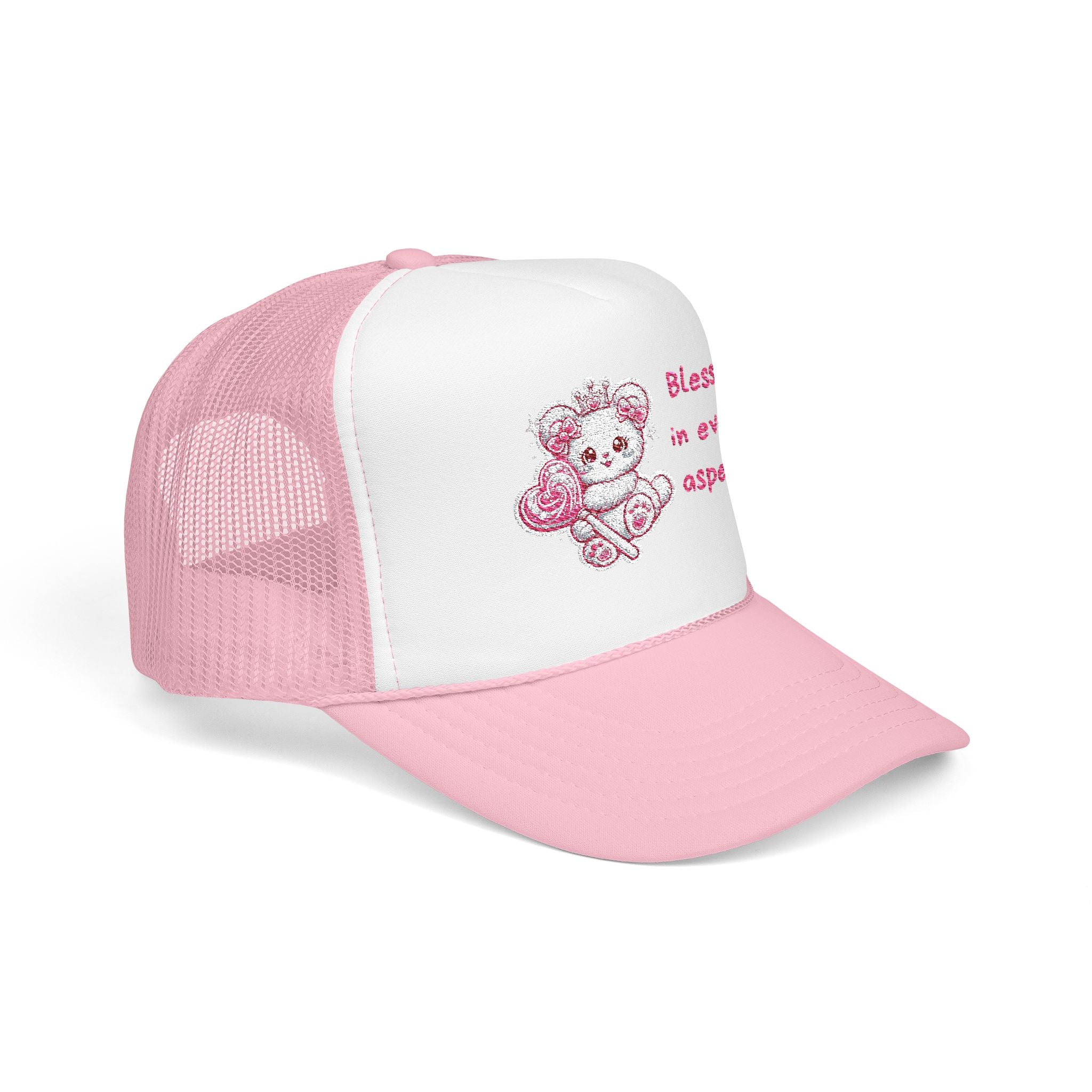 Pink Crowned Teddy Bear Trucker Hat — "Blessed in Every Aspect" Embroidered