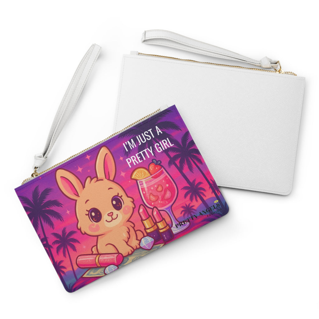 Luxury Pretty Girl Bunny Clutch Purse - Cute Makeup Travel Bag with Wrist Strap, Bunny on Money, Makeup, & Sunset Palm Tree Design