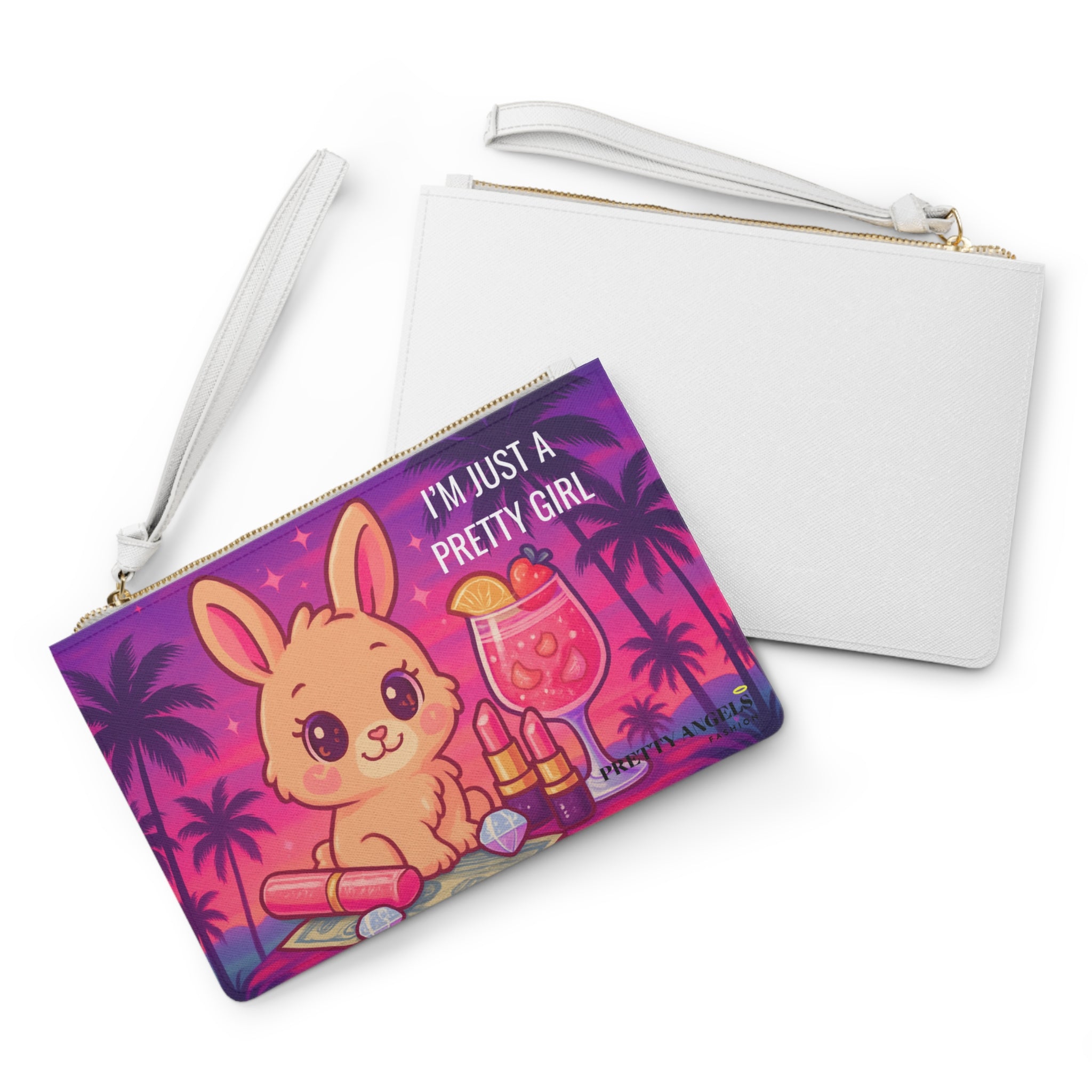 Luxury Pretty Girl Bunny Clutch Purse - Cute Makeup Travel Bag with Wrist Strap, Bunny on Money, Makeup, & Sunset Palm Tree Design