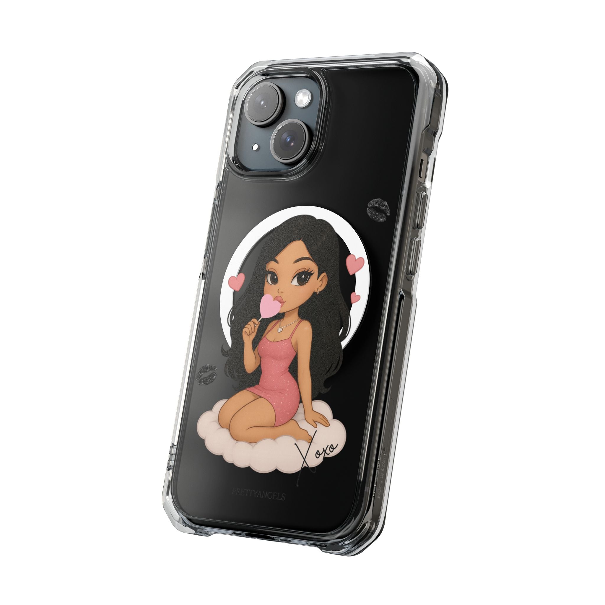 “Luxury Clear MagSafe iPhone Case – Bratz-Inspired Doll on Cloud with Pink Heart Lollipop | Elegant Air-Cushion Protection for Pretty Girls”