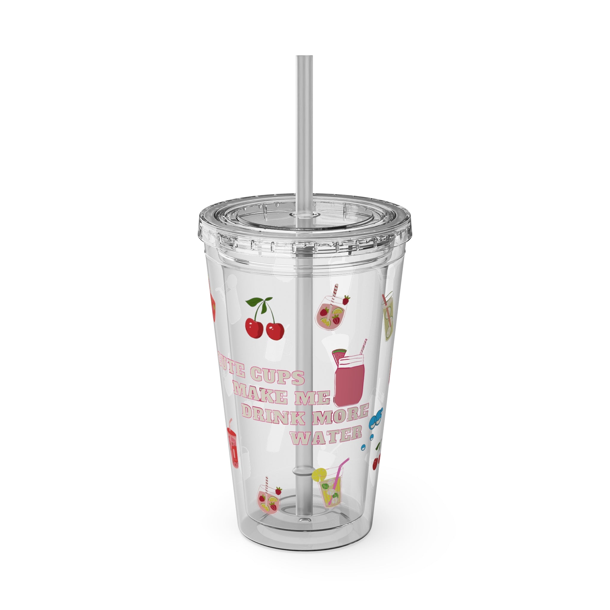 Clear “Cute Cups Make Me Drink More Water” Tumbler - 16oz Acrylic Cup with Lid & Straw | Aesthetic Lemonade, Cherry & Water Drink Patterns for Pretty Girls | Soft Girl Tumbler