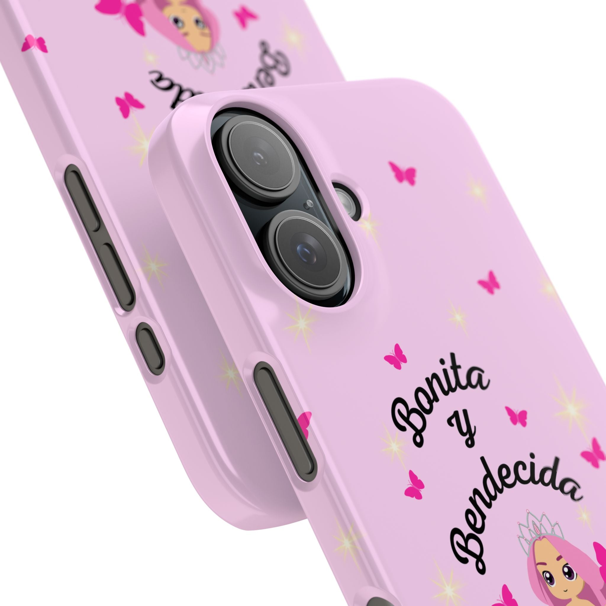 “Bonita y Bendecida Funda Rosa - Estuche Slim Protector con Muñeca Estilo Lisa Frank, Nubes y Mariposas Rosas”