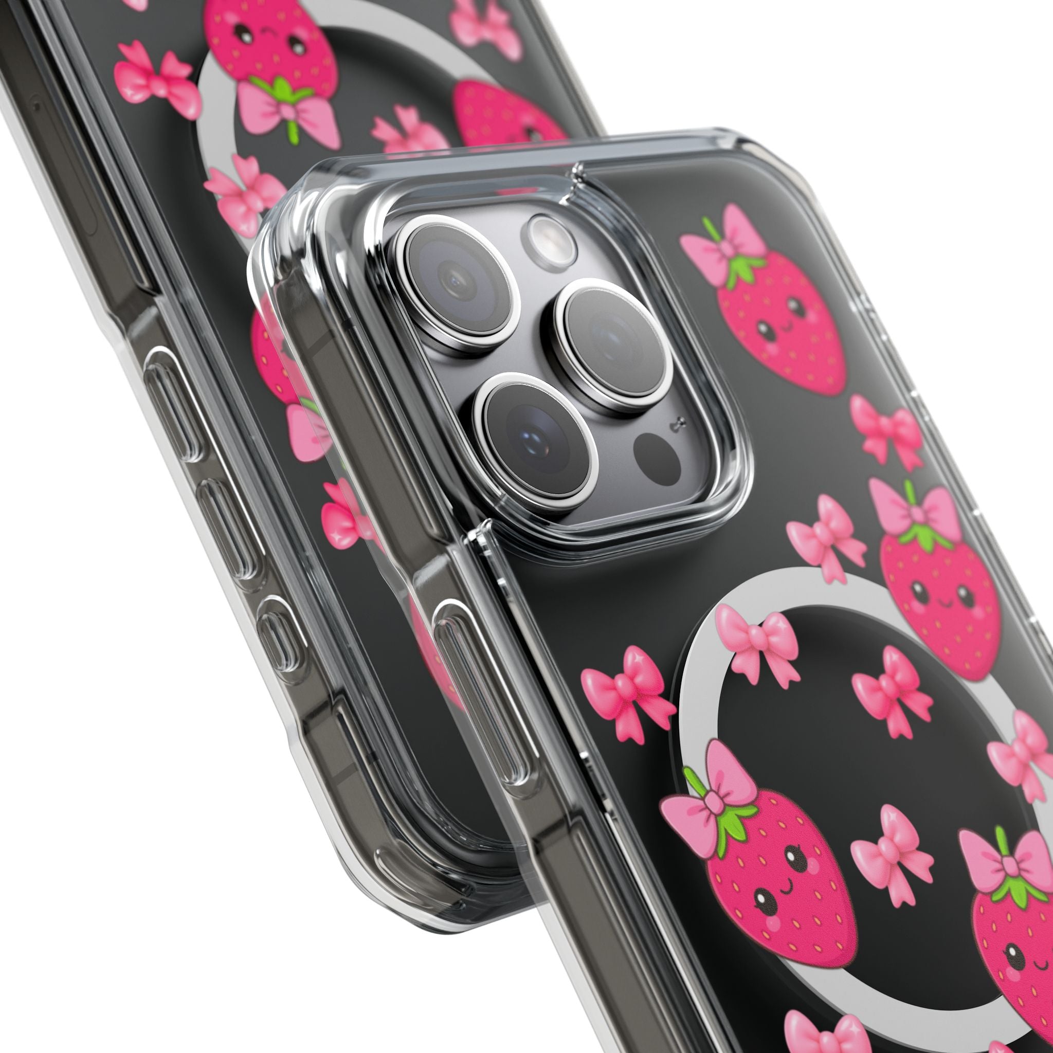 Super cute Hot Pink Strawberry MagSafe Phone Case with girly bows. Luxe clear protection, MagSafe compatible, baddie-approved iPhone case.