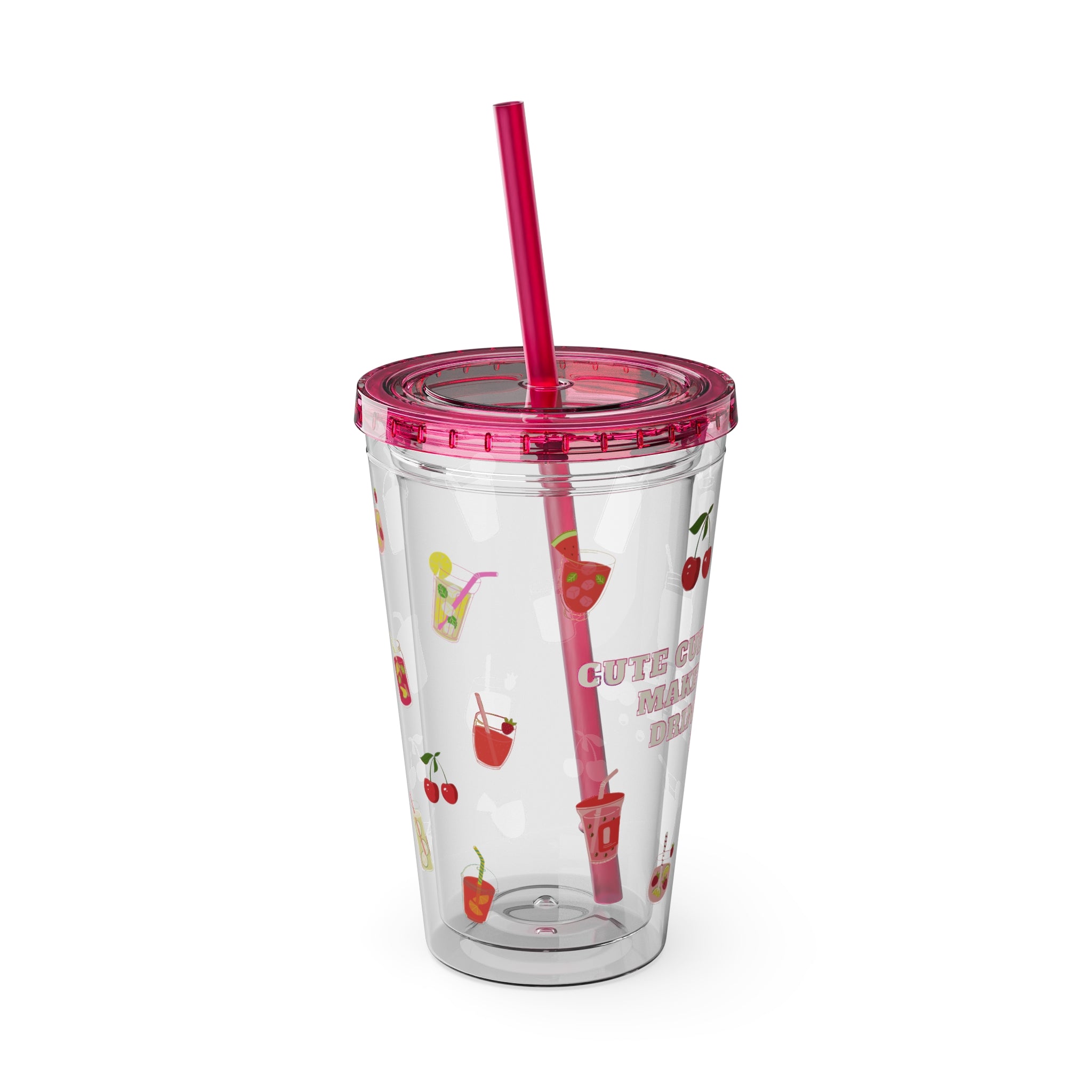 Clear “Cute Cups Make Me Drink More Water” Tumbler - 16oz Acrylic Cup with Lid & Straw | Aesthetic Lemonade, Cherry & Water Drink Patterns for Pretty Girls | Soft Girl Tumbler