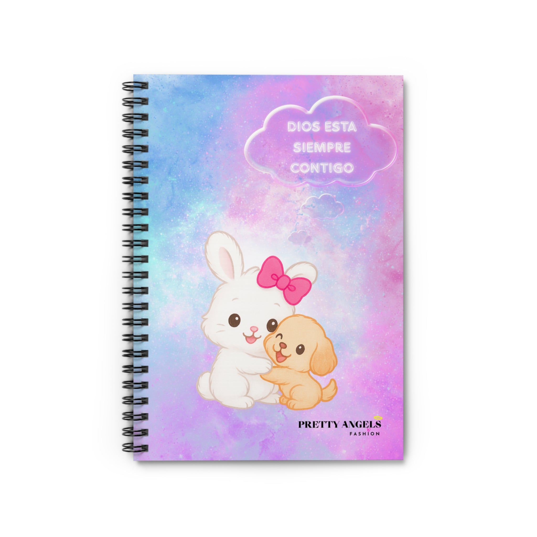 “Galaxy Bunny & Puppy Hug Spiral Notebook – Kawaii Pastel Journal with Pink Bow, Stars & ‘Dios Siempre Está Contigo’ Cloud”