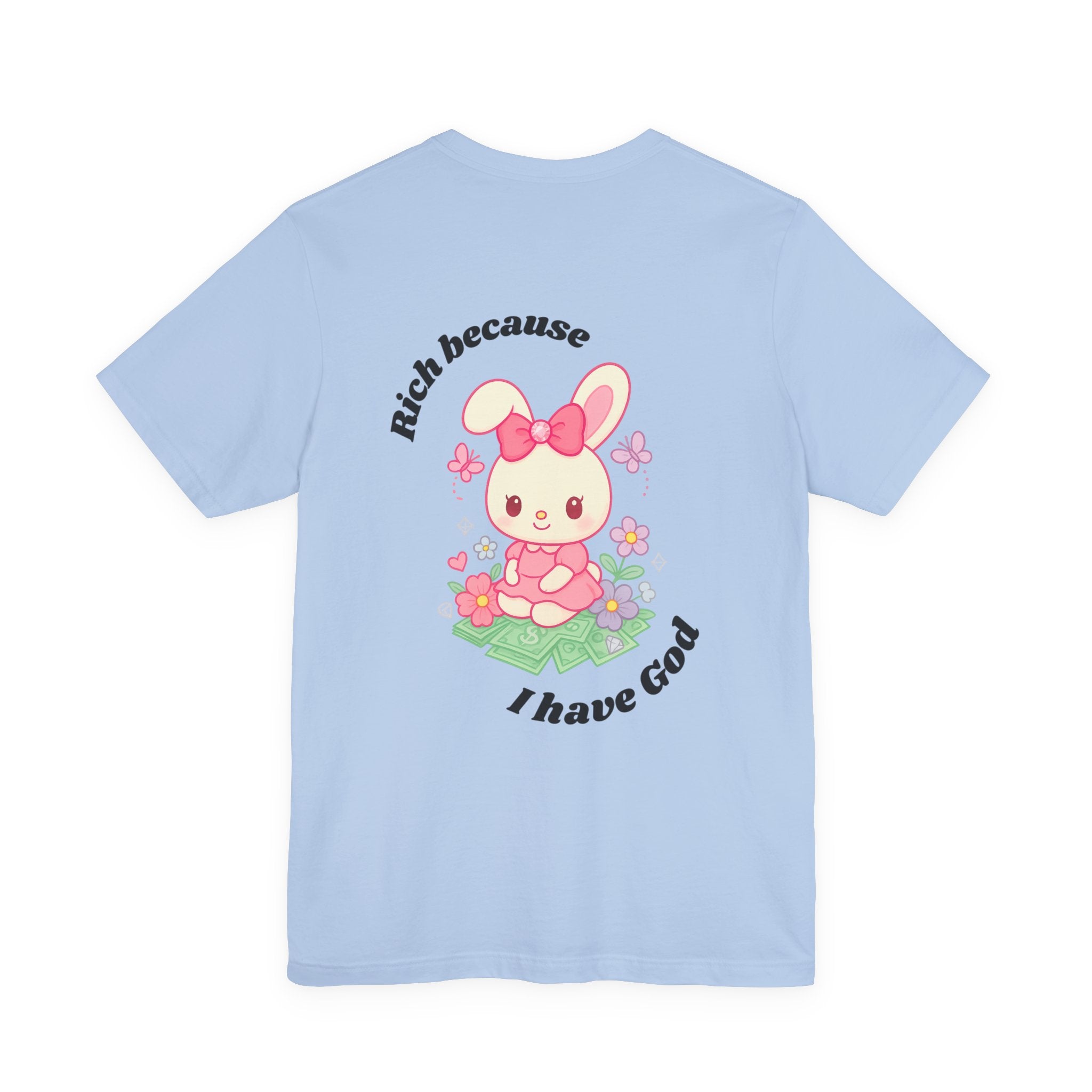 “Rich Because I Have God” Baggy (Back) Aesthetic Tee – Cute Bunny Graphic T-Shirt (White, Ash, Silver, Baby Blue)