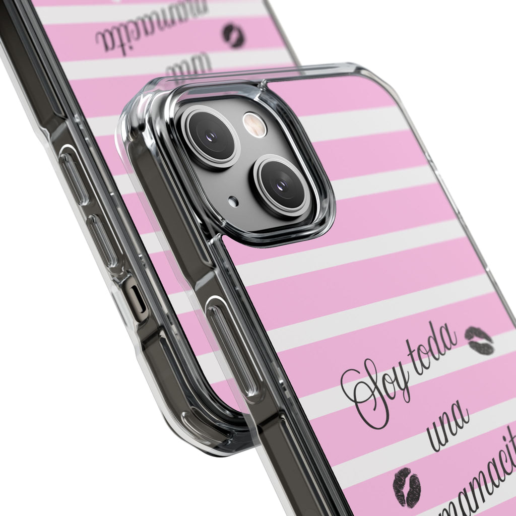 “Soy Toda Una Mamacita” MagSafe Clear Phone Case - Pink & White Striped | Latina Baddie Magnetic Impact Cover