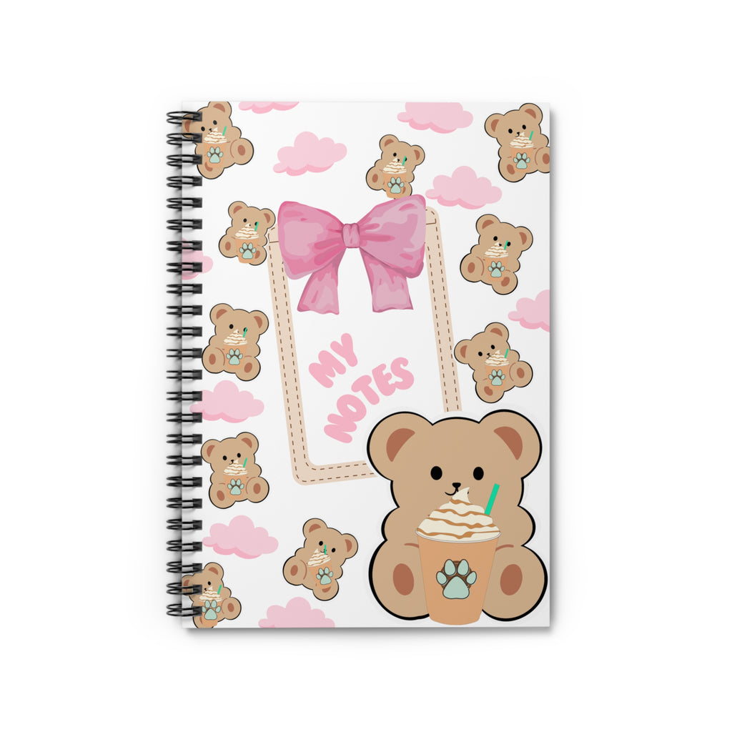 “Teddy Bear Frappe Spiral Notebook – Cute White Aesthetic Journal with Pink Clouds & Bow | Girly Stationery”