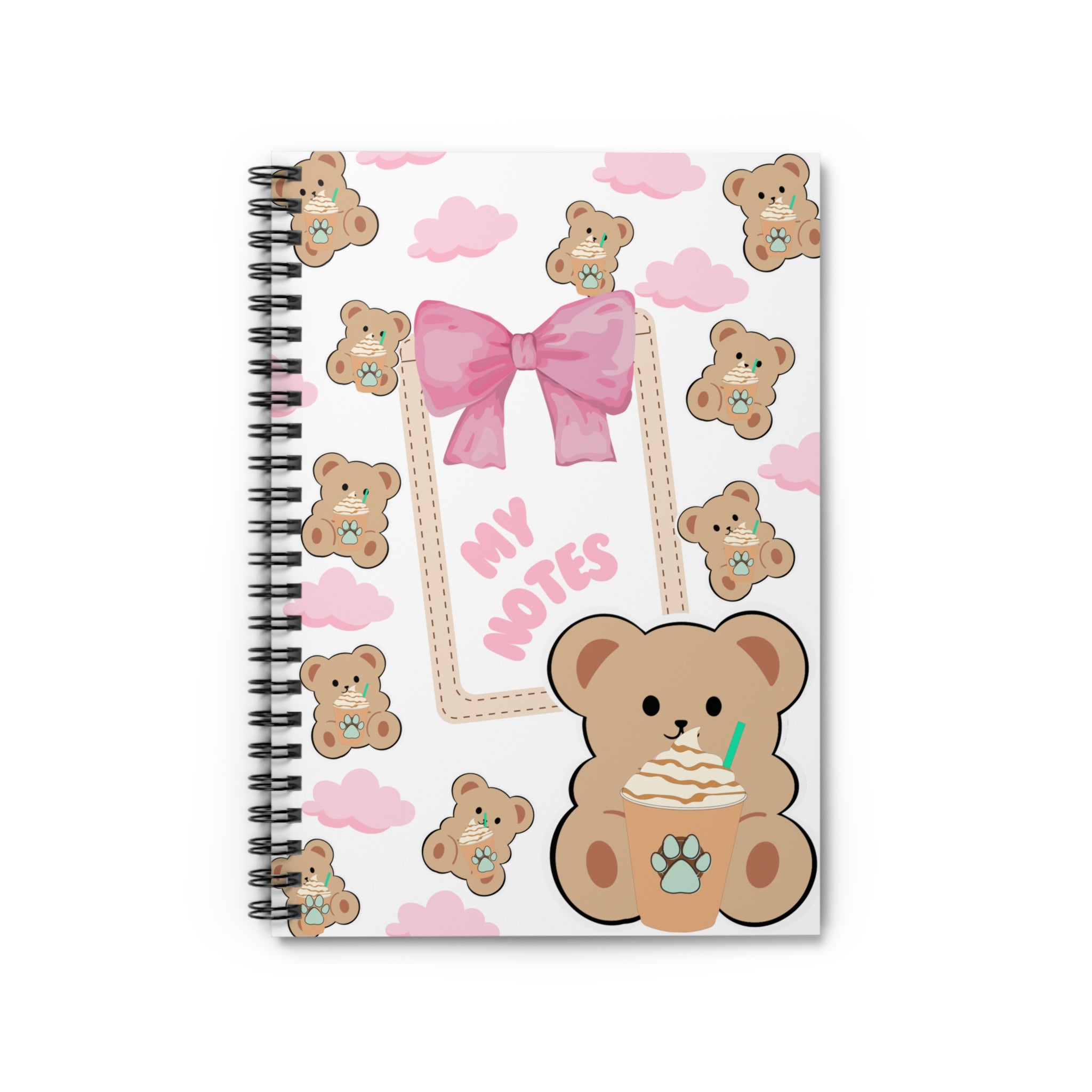 “Teddy Bear Frappe Spiral Notebook – Cute White Aesthetic Journal with Pink Clouds & Bow | Girly Stationery”