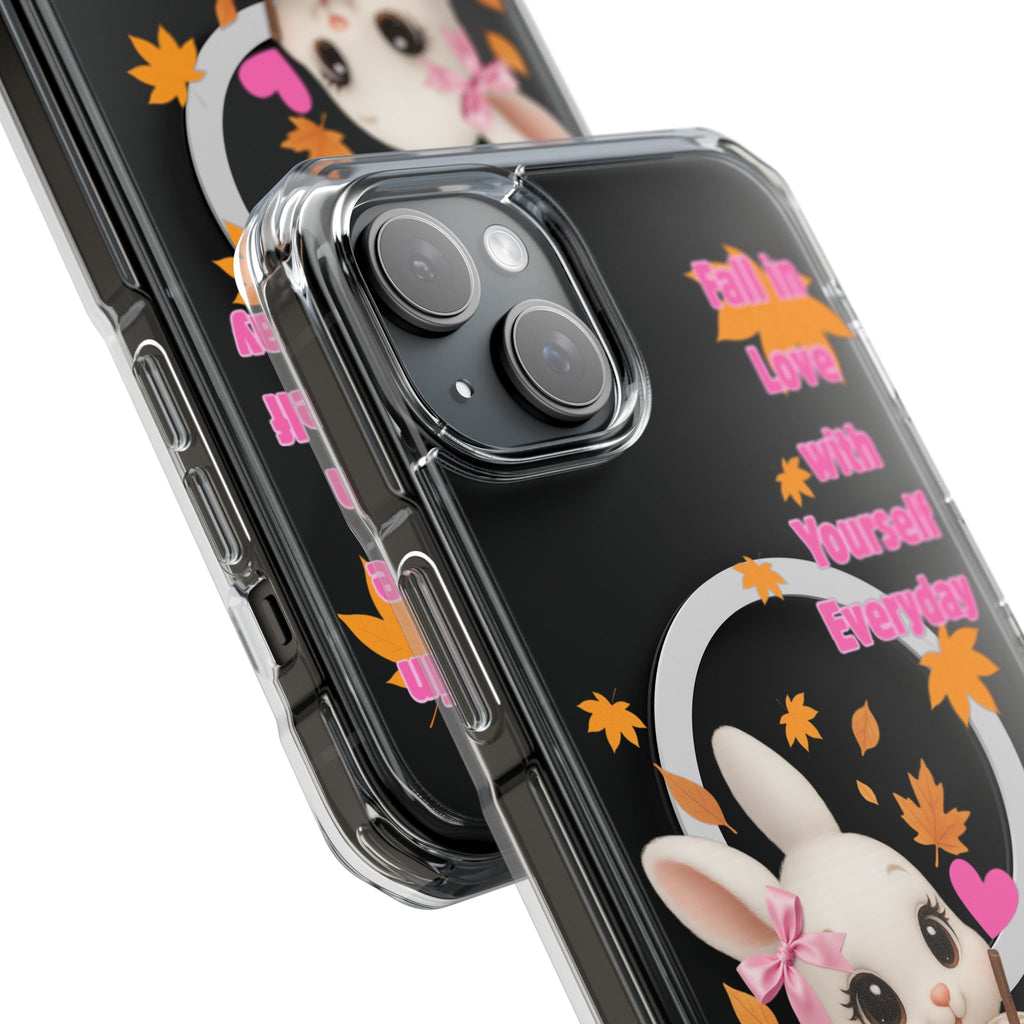 Fall in Love with Yourself Everyday – Cute White Bunny MagSafe iPhone Case with Hearts & Autumn Leaves, Luxury Aesthetic Clear Phone Cover