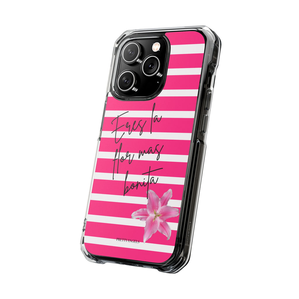 Hot Pink Stripped “Eres La Flor Mas Bonita” MagSafe Clear Phone Case - Barbie Baddie Aesthetic Impact Protection Cover