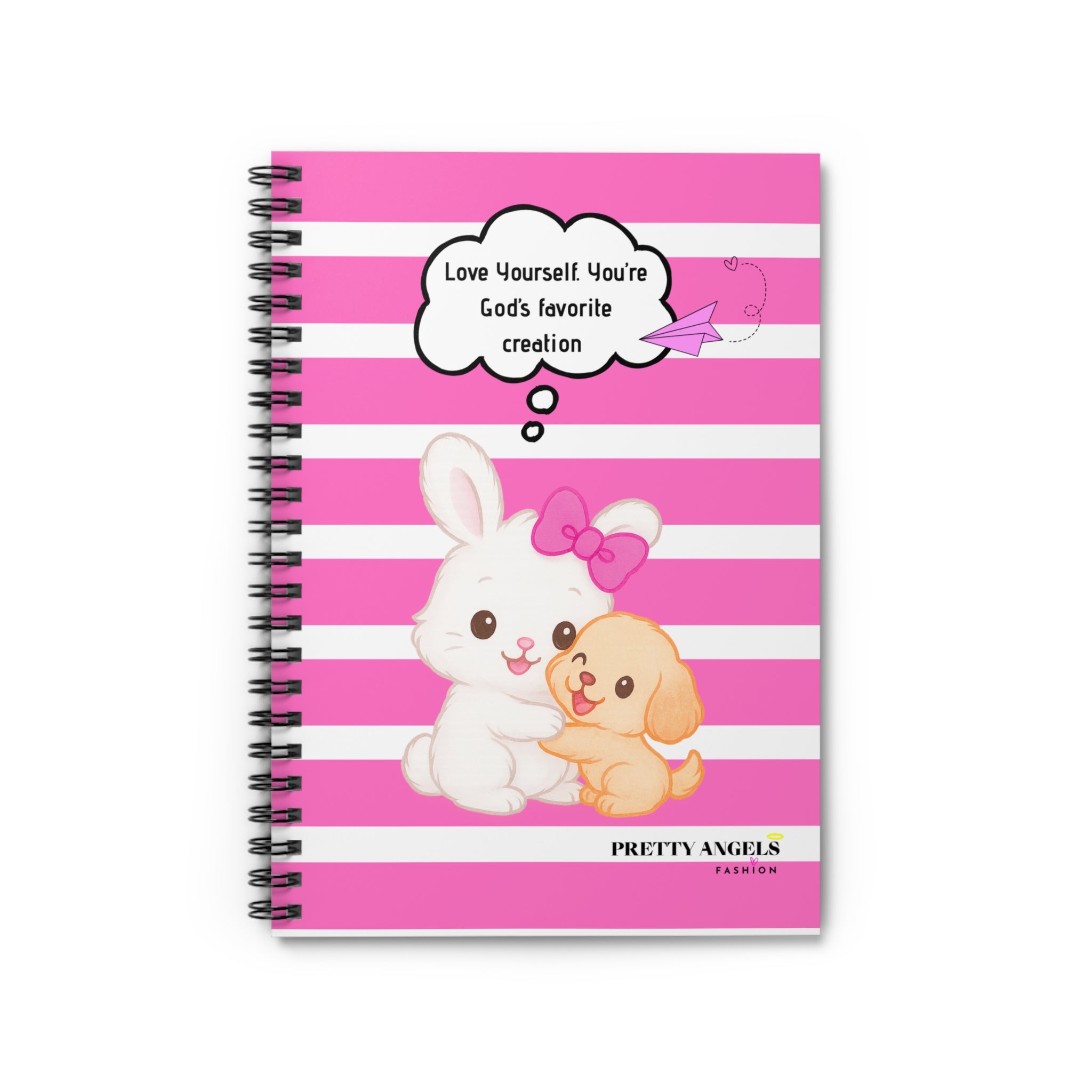Luxury Pink & White Striped Bunny + Puppy Notebook - “Love Yourself, You’re God’s Favorite Creation” | Cute Rich Girly Journal