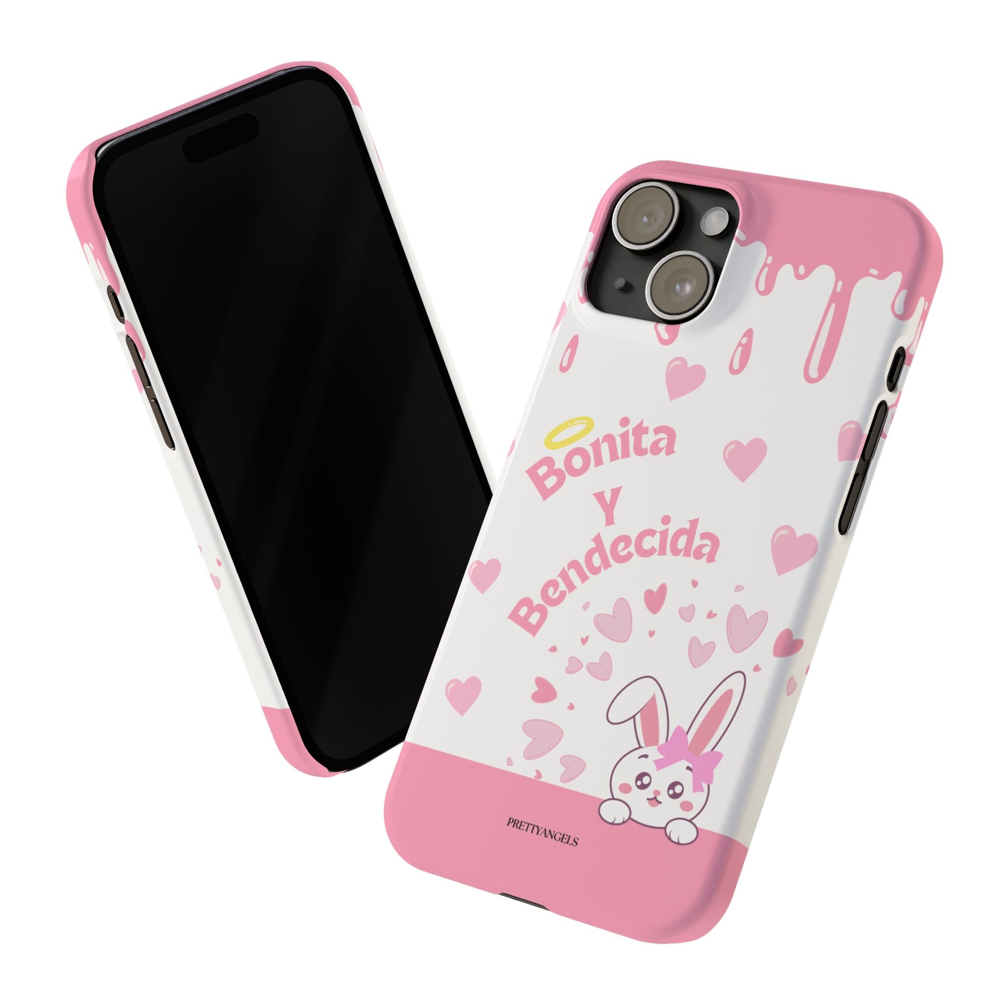 Bonita y Bendecida Phone Case - Slim Lightweight Pink Drip Cover with Bunny & Hearts for Stylish Latina Baddie Girls
