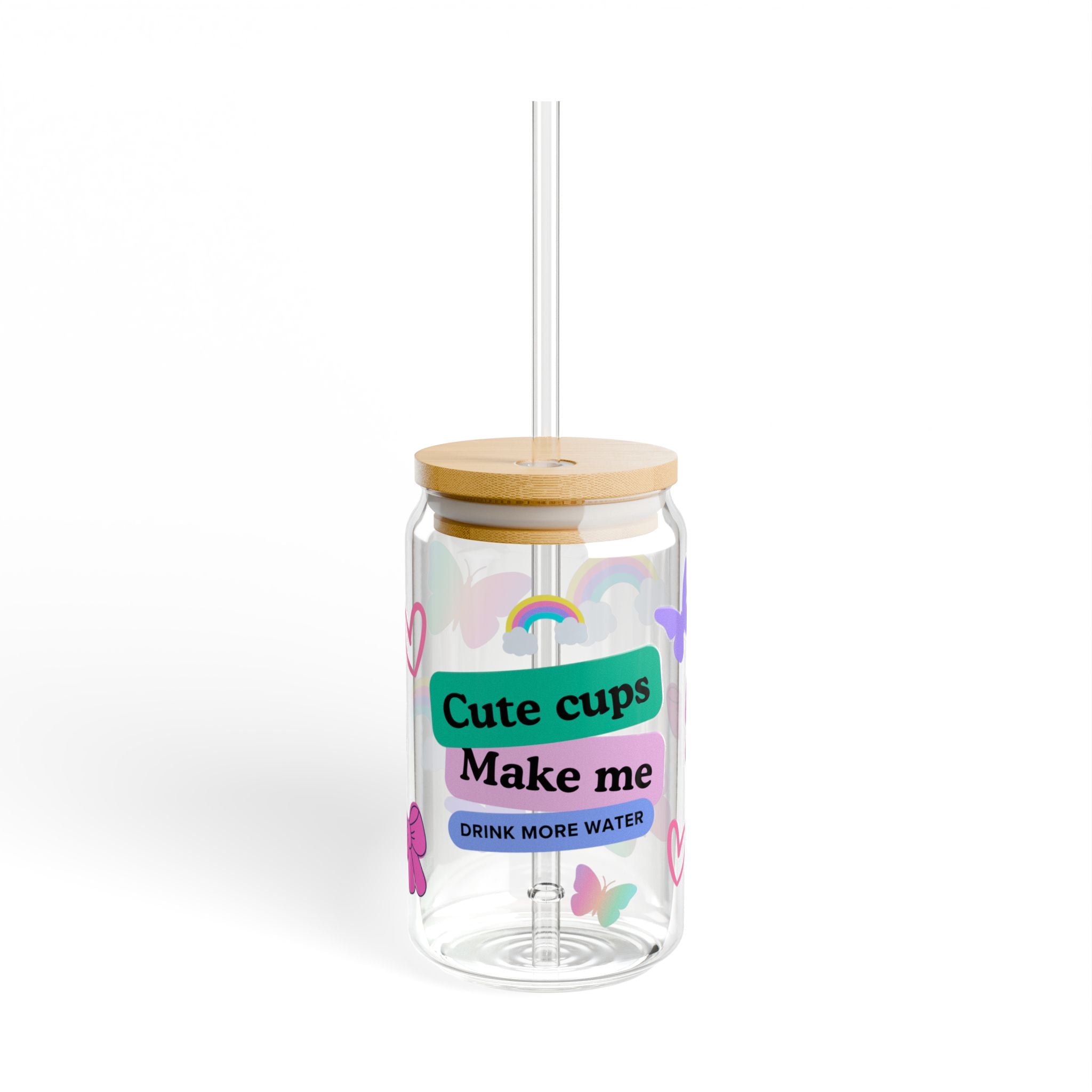 Pastel Aesthetic Clear Cup with Bamboo Lid & Tritan Straw – Cute Butterfly & Rainbow Hydration Tumbler 16oz