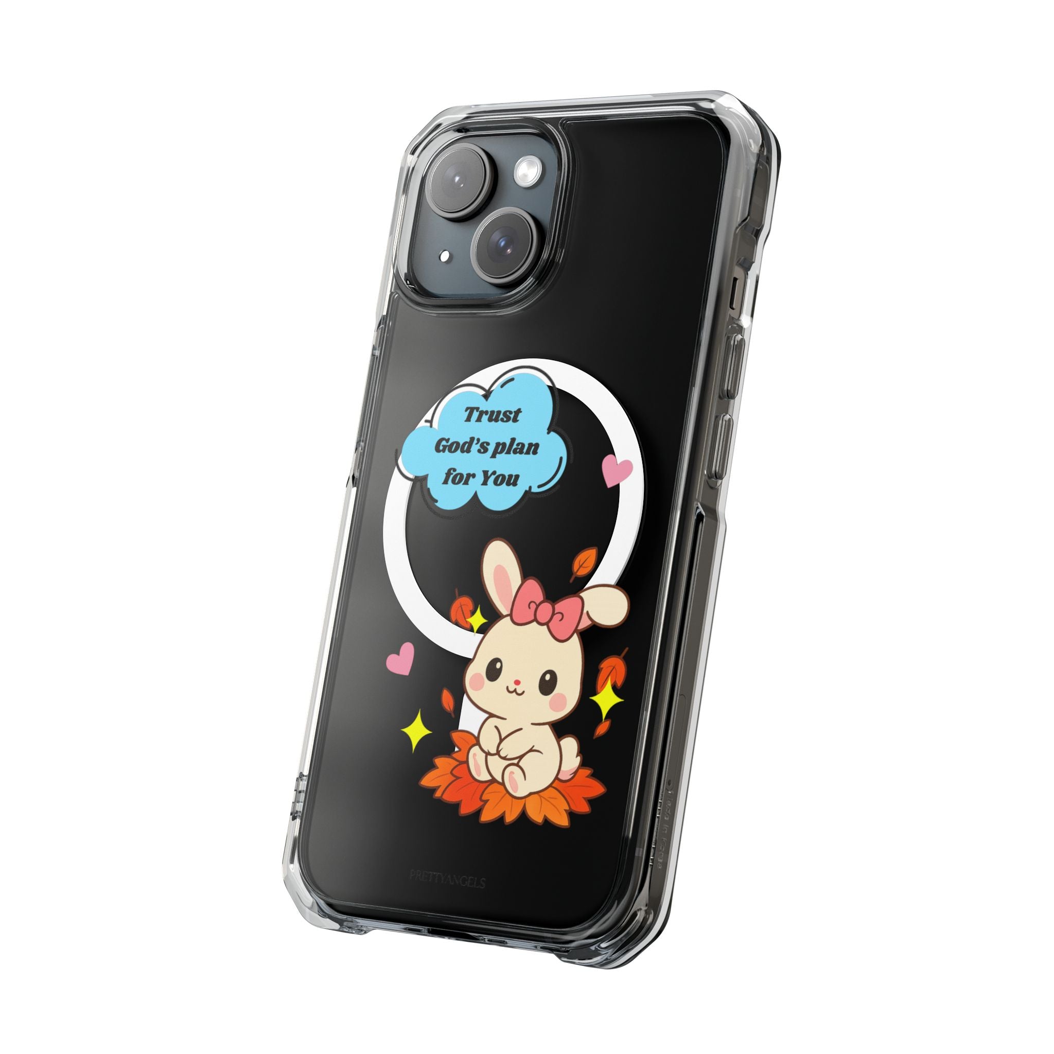 Cute Bunny MagSafe iPhone Case – Clear Sparkly Aesthetic Phone Cover with Hearts, Kisses & “Trust God’s Plan for You” Cloud