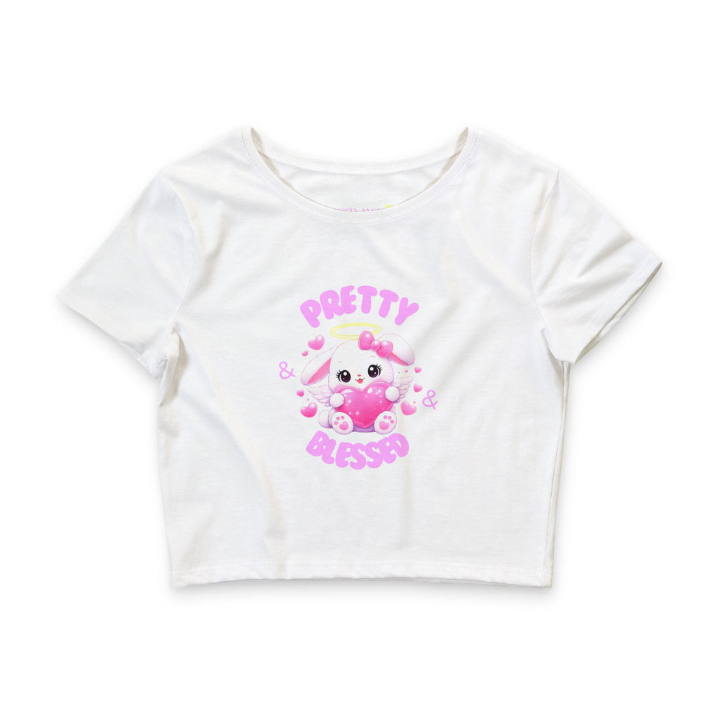 Pretty & Blessed Baby Bunny Angel Crop Tee — Cute Pink Heart Graphic