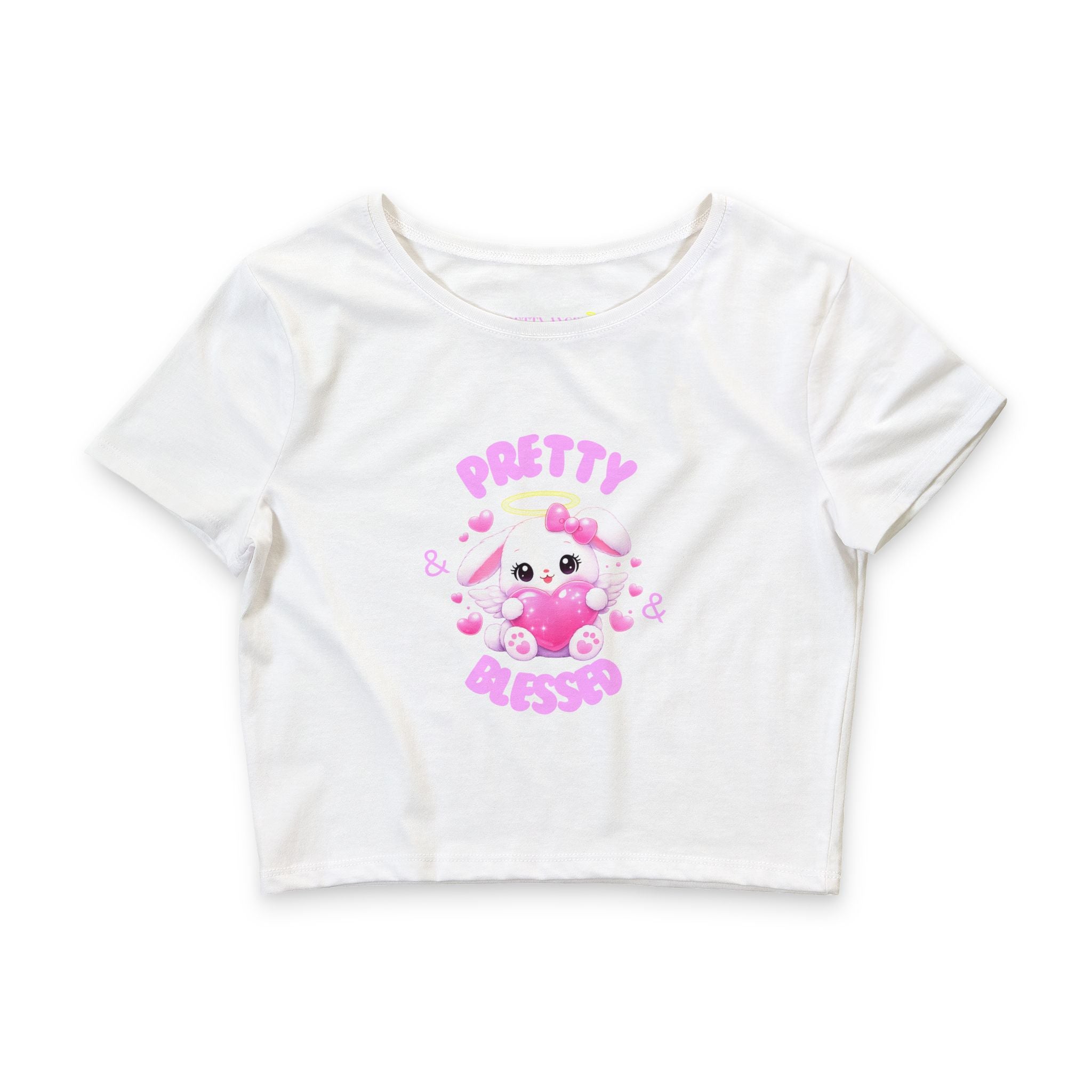 Pretty & Blessed Baby Bunny Angel Crop Tee — Cute Pink Heart Graphic