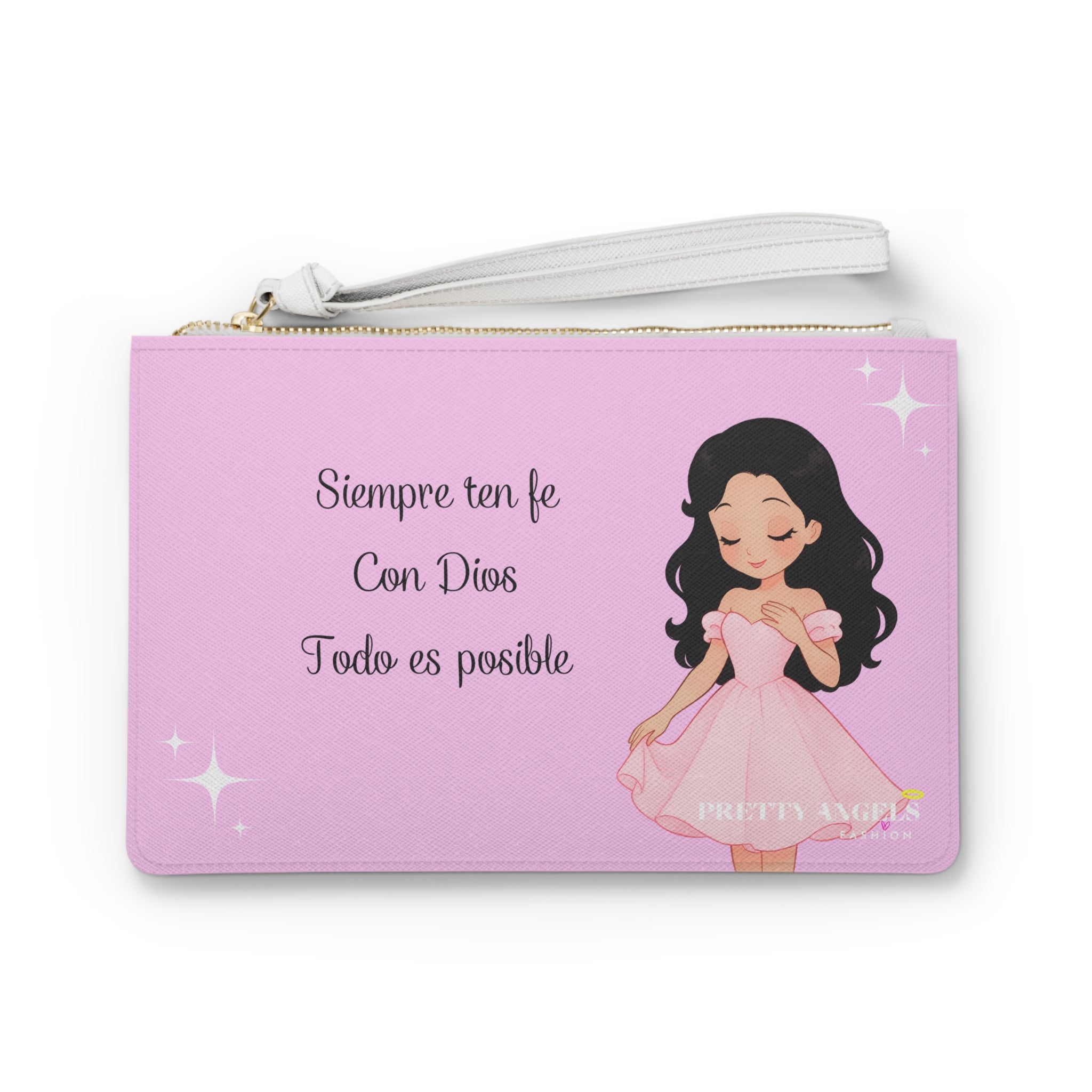 Luxury Light Pink Travel Bag – “Siempre Ten Fe Con Dios Todo Es Posible” with Sparkles & Cute Doll Design (Polyurethane Leather, 9.5” x 6.6”)