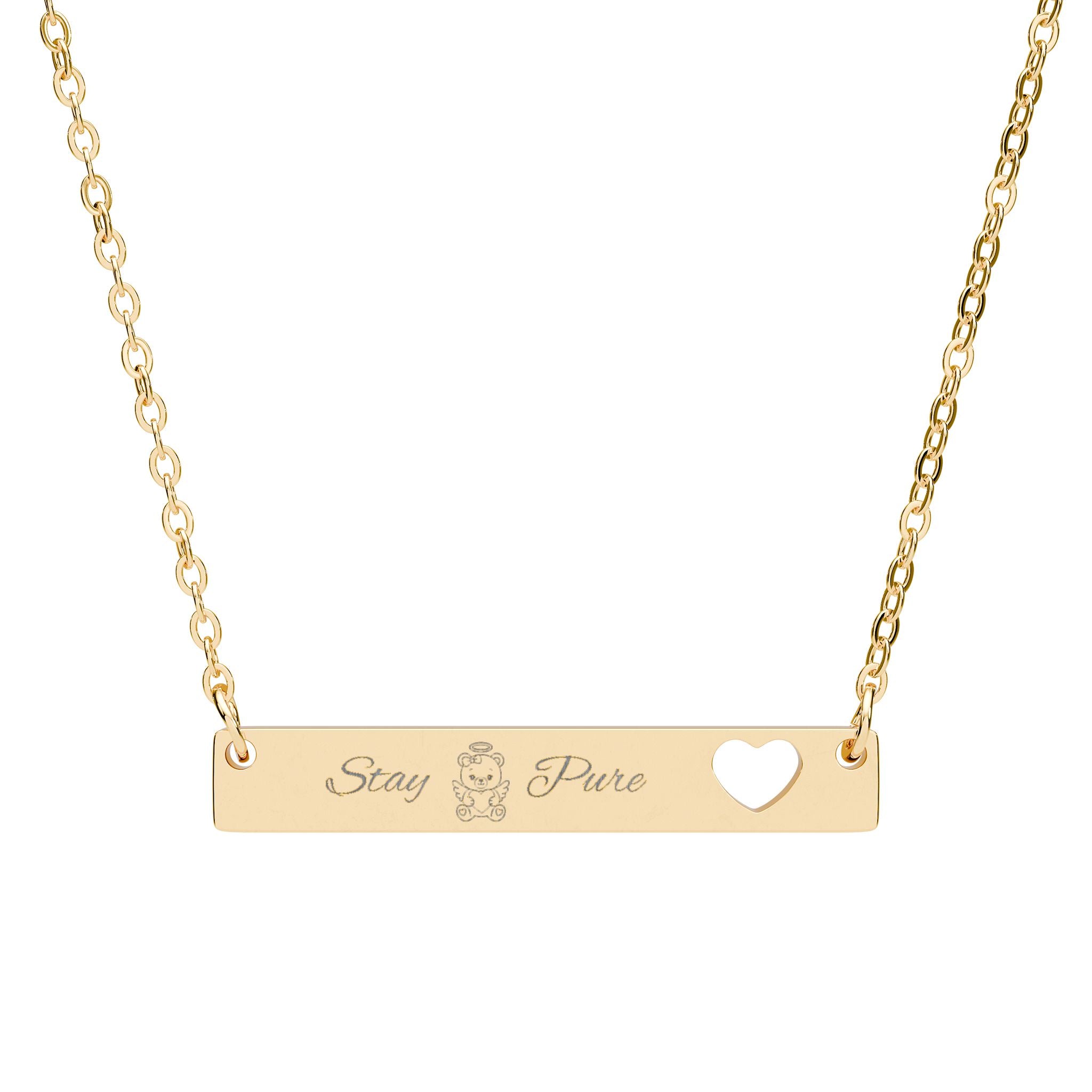 Stay Pure™ Slim Engraved Bar Necklace – Angel Teddy Bear Heart Pendant, Minimalist Cutout Heart Bar (316L Stainless Steel, Aesthetic Girly Jewelry)