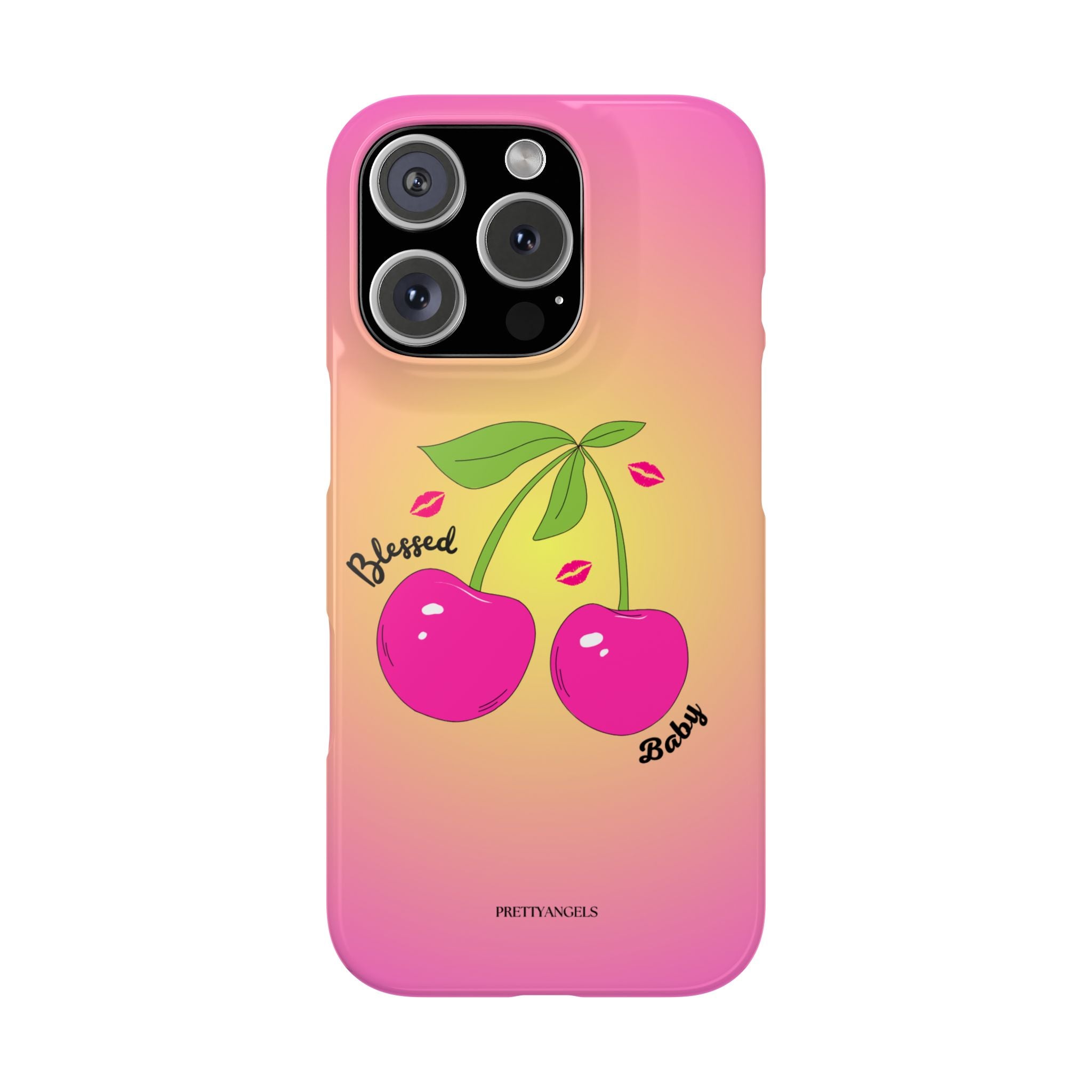 “Blessed Baby Pink & Yellow Ombré Phone Case - Slim Barbie Aesthetic Cover with Hot Pink Cherries and Kisses”