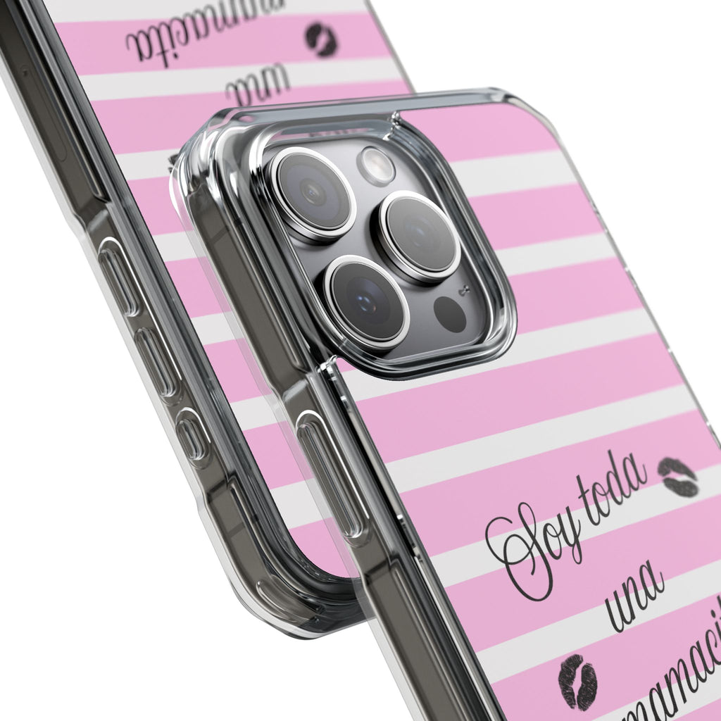 “Soy Toda Una Mamacita” MagSafe Clear Phone Case - Pink & White Striped | Latina Baddie Magnetic Impact Cover